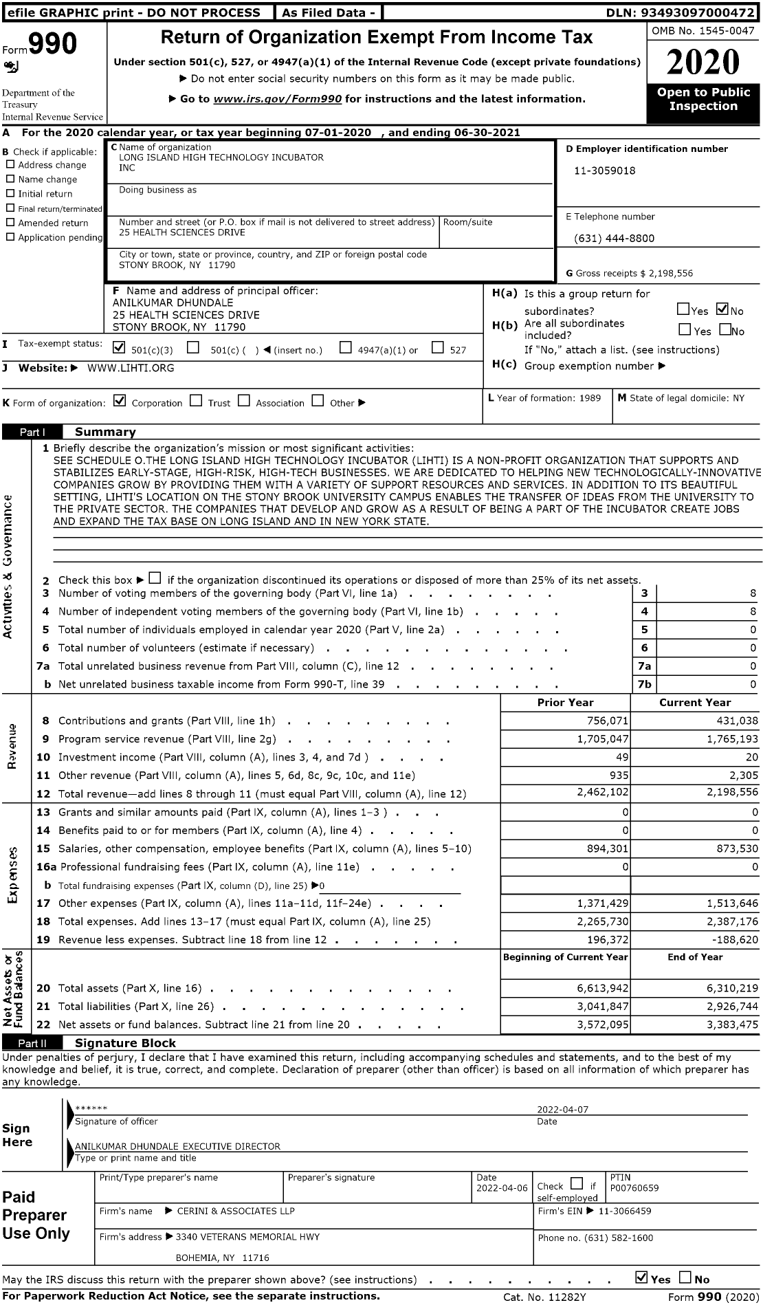 Image of first page of 2020 Form 990 for Long Island High Technology Incubator