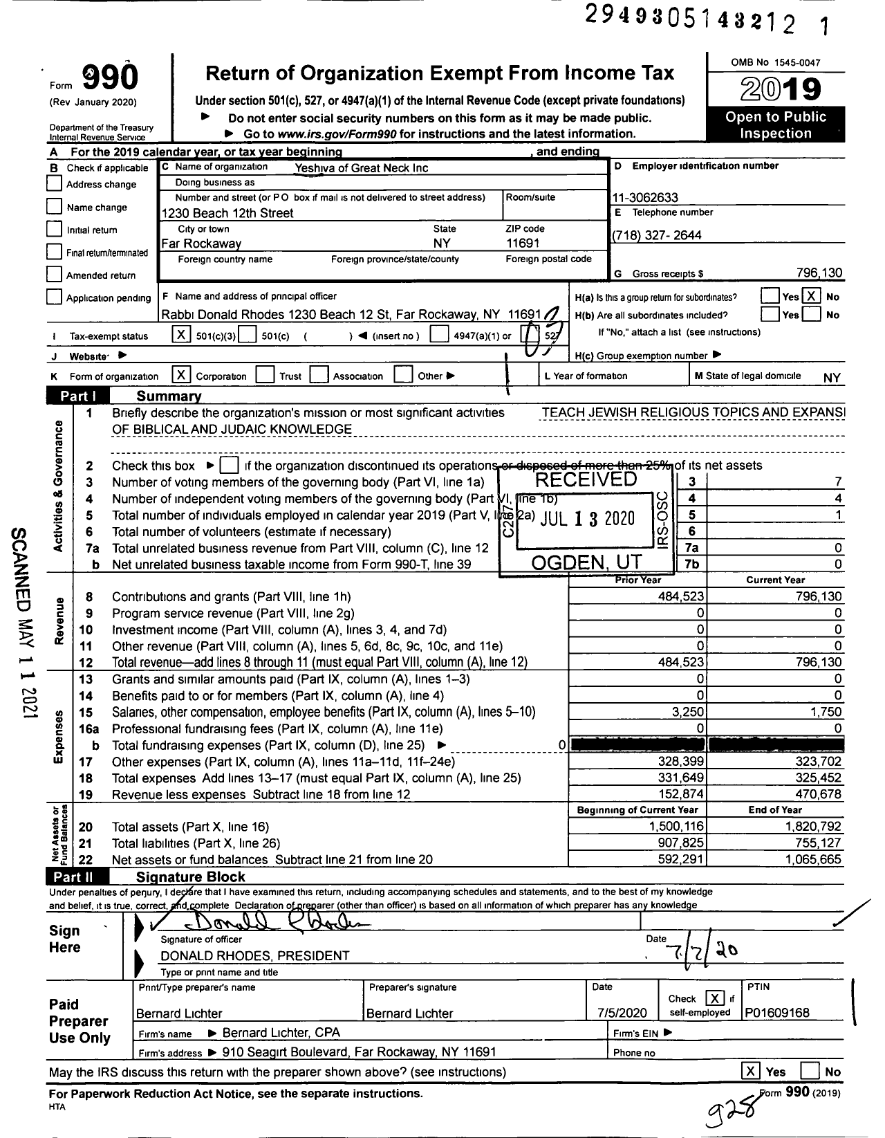 Image of first page of 2019 Form 990 for Yeshiva of Great Neck