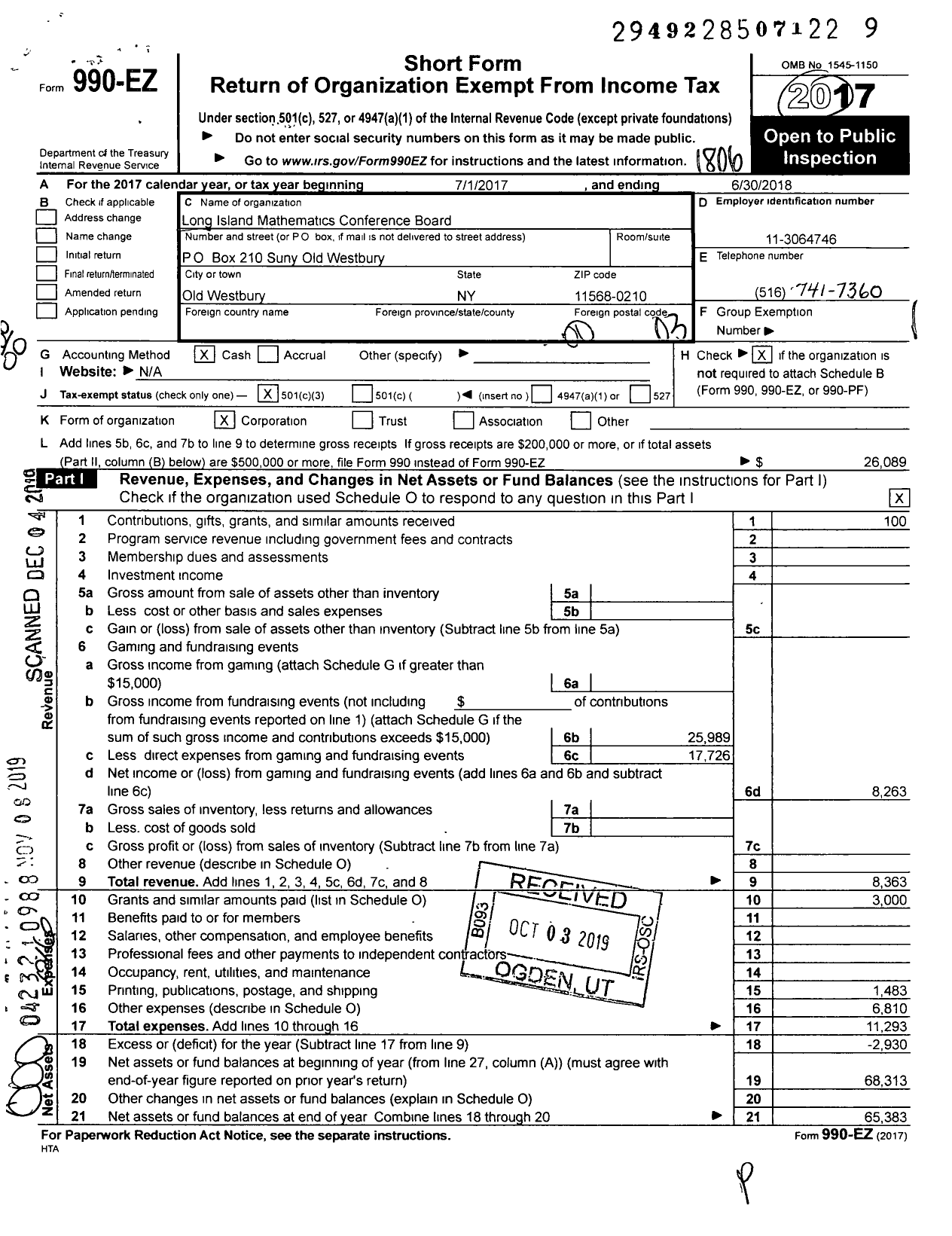 Image of first page of 2017 Form 990EO for Long Island Mathematics Conference Board