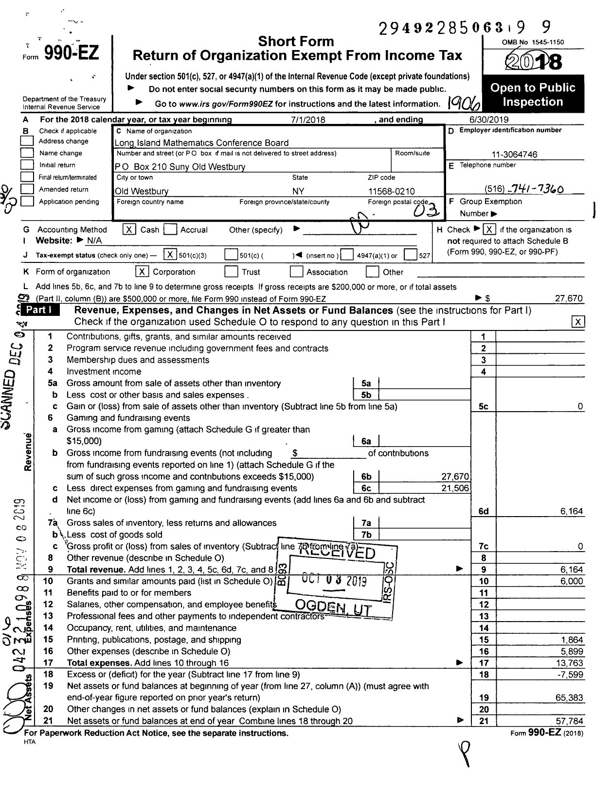 Image of first page of 2018 Form 990EO for Long Island Mathematics Conference Board