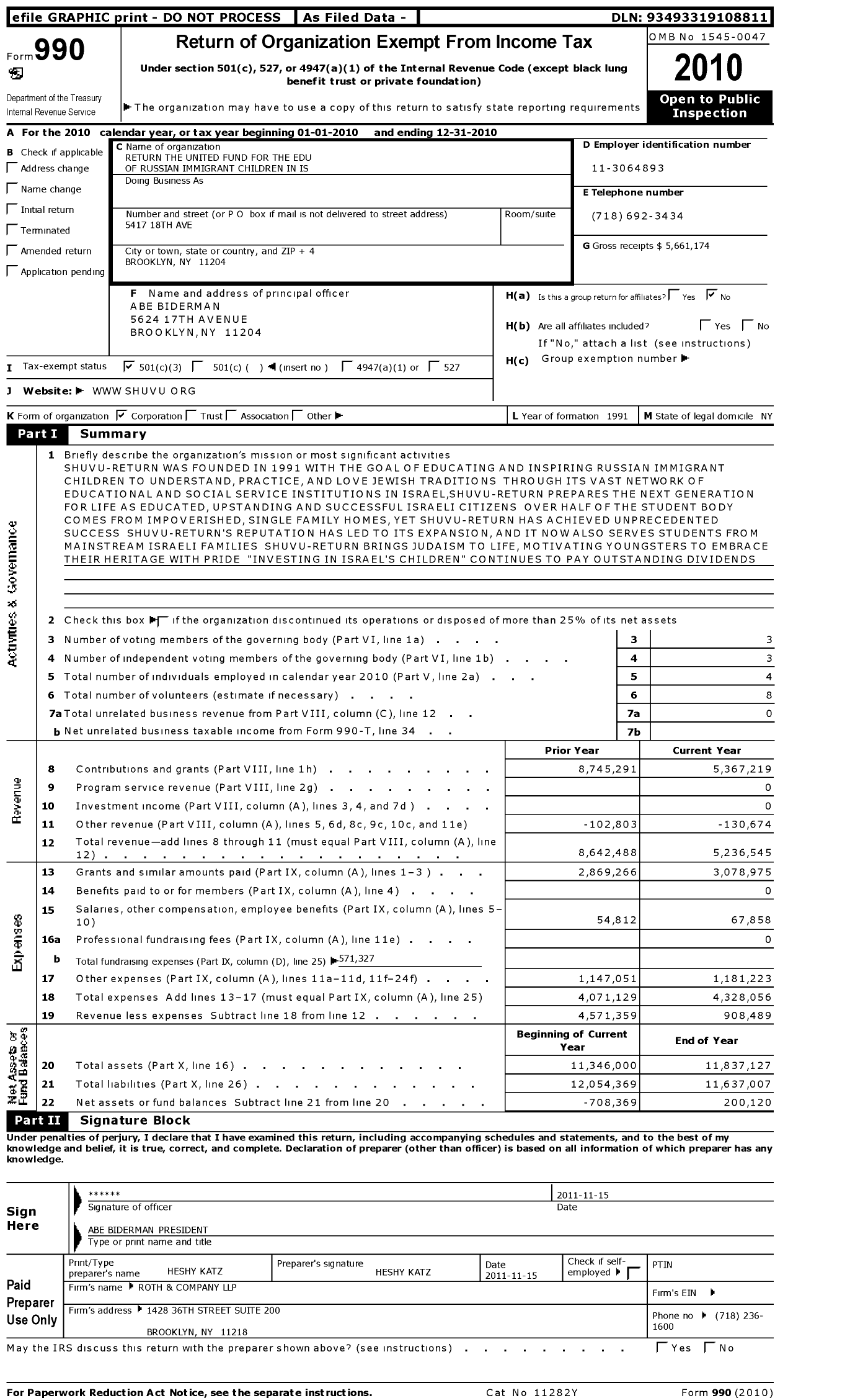 Image of first page of 2010 Form 990 for Return the United Fund for the Edu of Russian Immigrant Children in Is