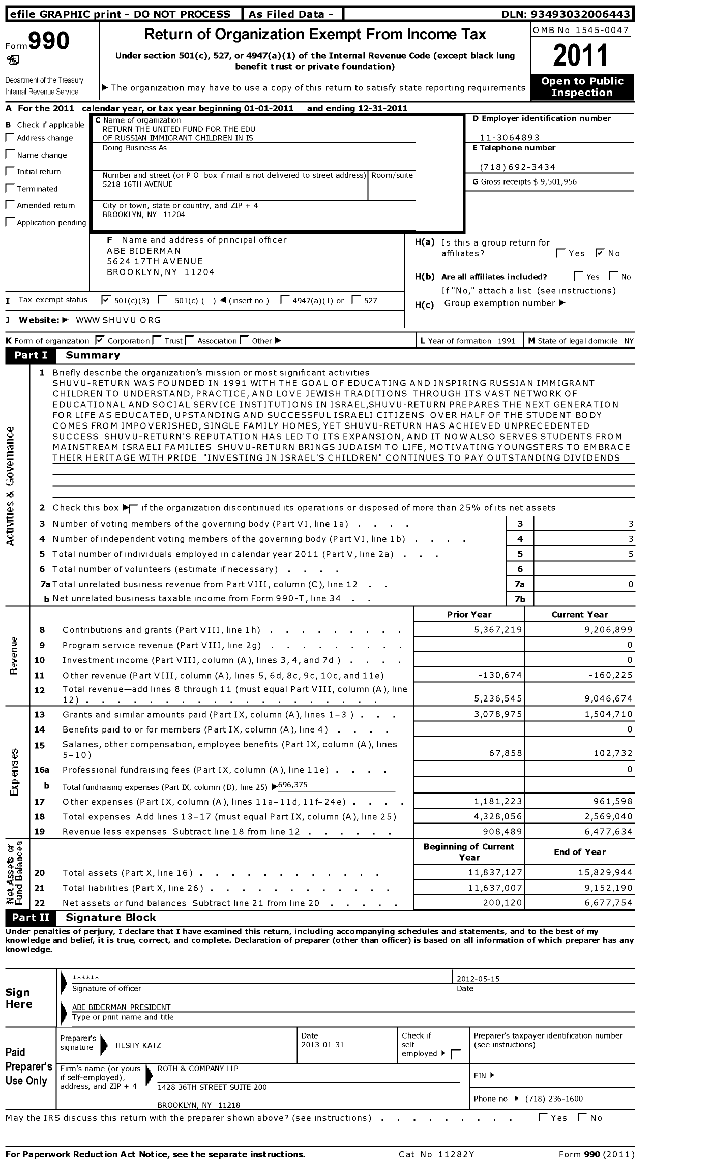 Image of first page of 2011 Form 990 for Return the United Fund for the Edu of Russian Immigrant Children in Is