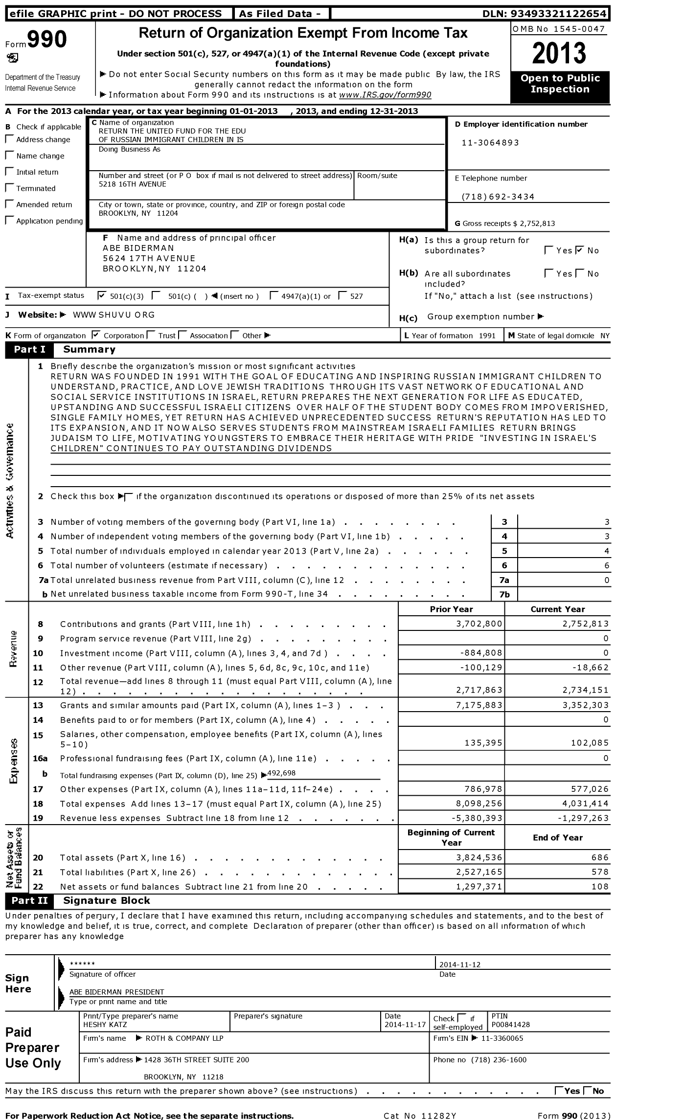 Image of first page of 2013 Form 990 for Return the United Fund for the Edu of Russian Immigrant Children in Is