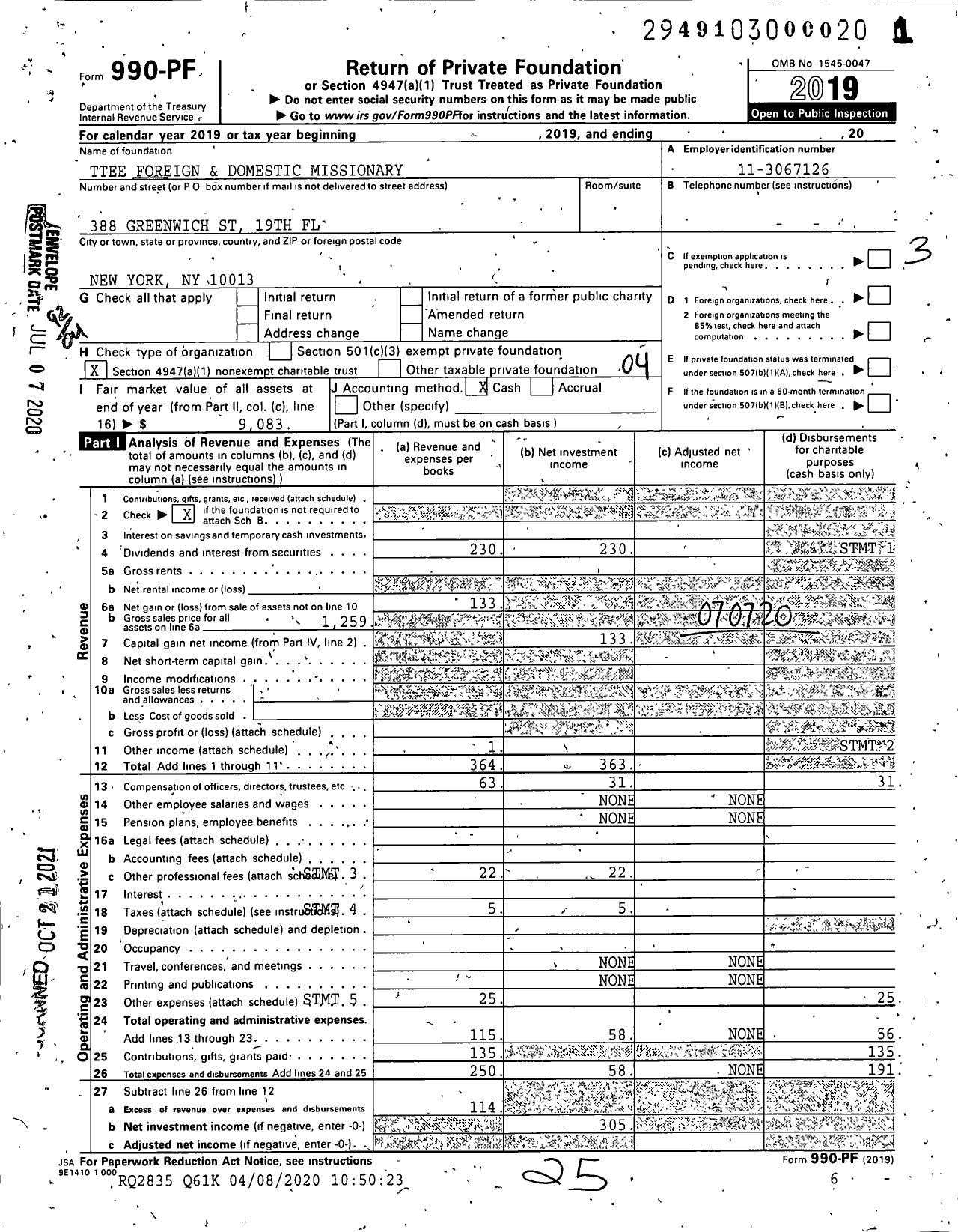 Image of first page of 2019 Form 990PF for Trustees Foreign and Domestic Missionary