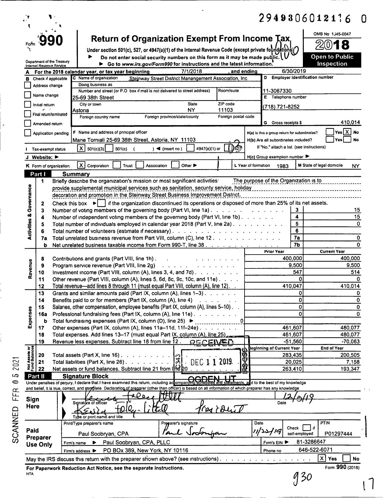 Image of first page of 2018 Form 990 for Steinway Street District Management Association