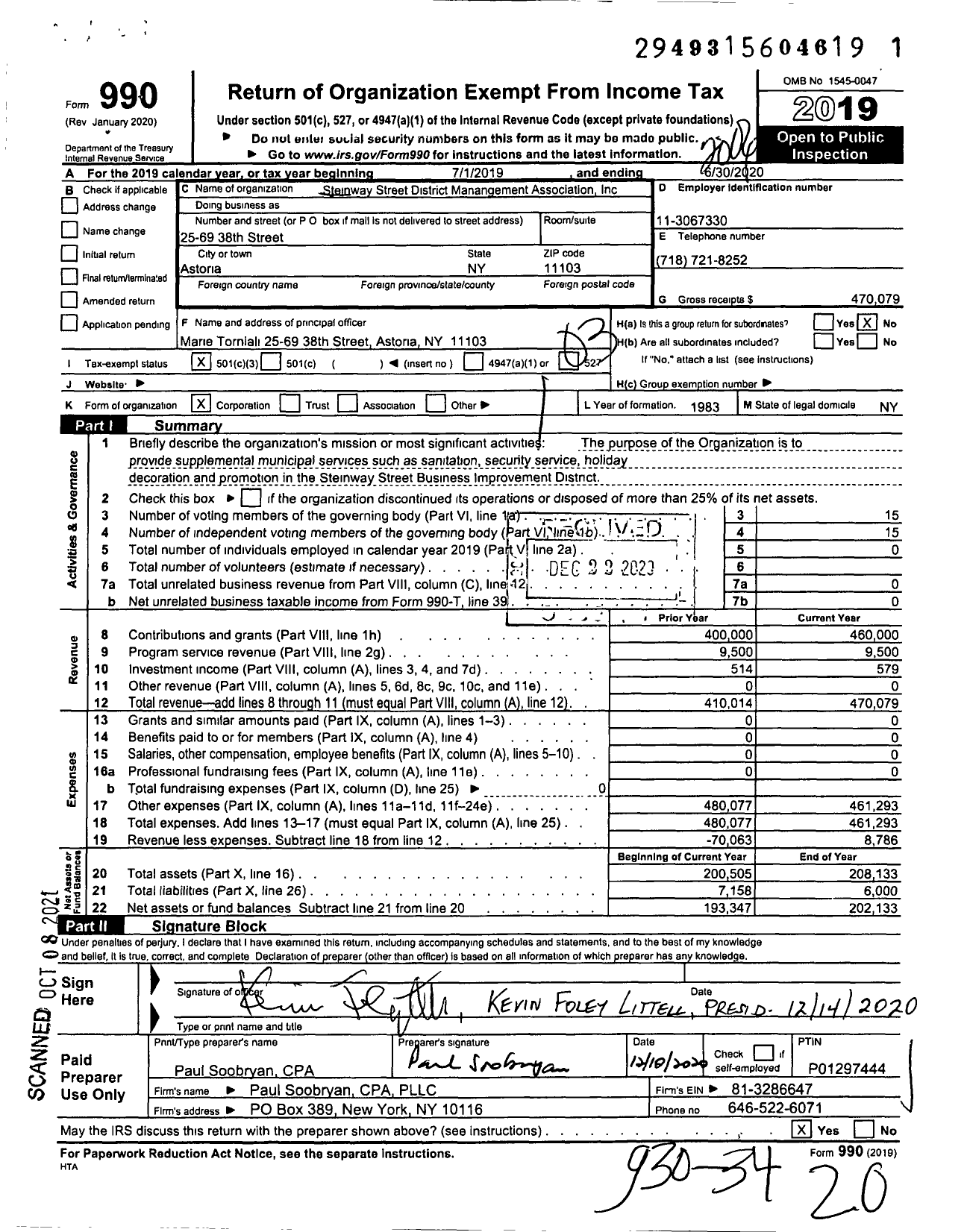 Image of first page of 2019 Form 990 for Steinway Street District Management Association