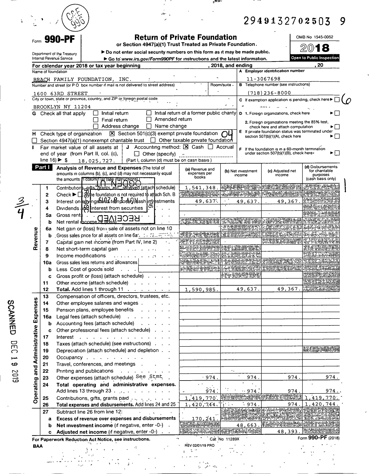 Image of first page of 2018 Form 990PF for Brach Family Foundation