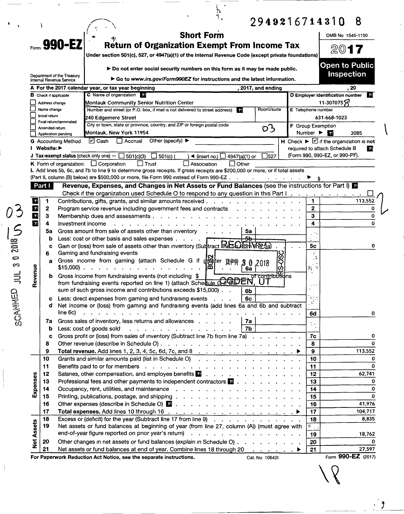 Image of first page of 2017 Form 990EZ for Montauk Community Senior Nutrition Center