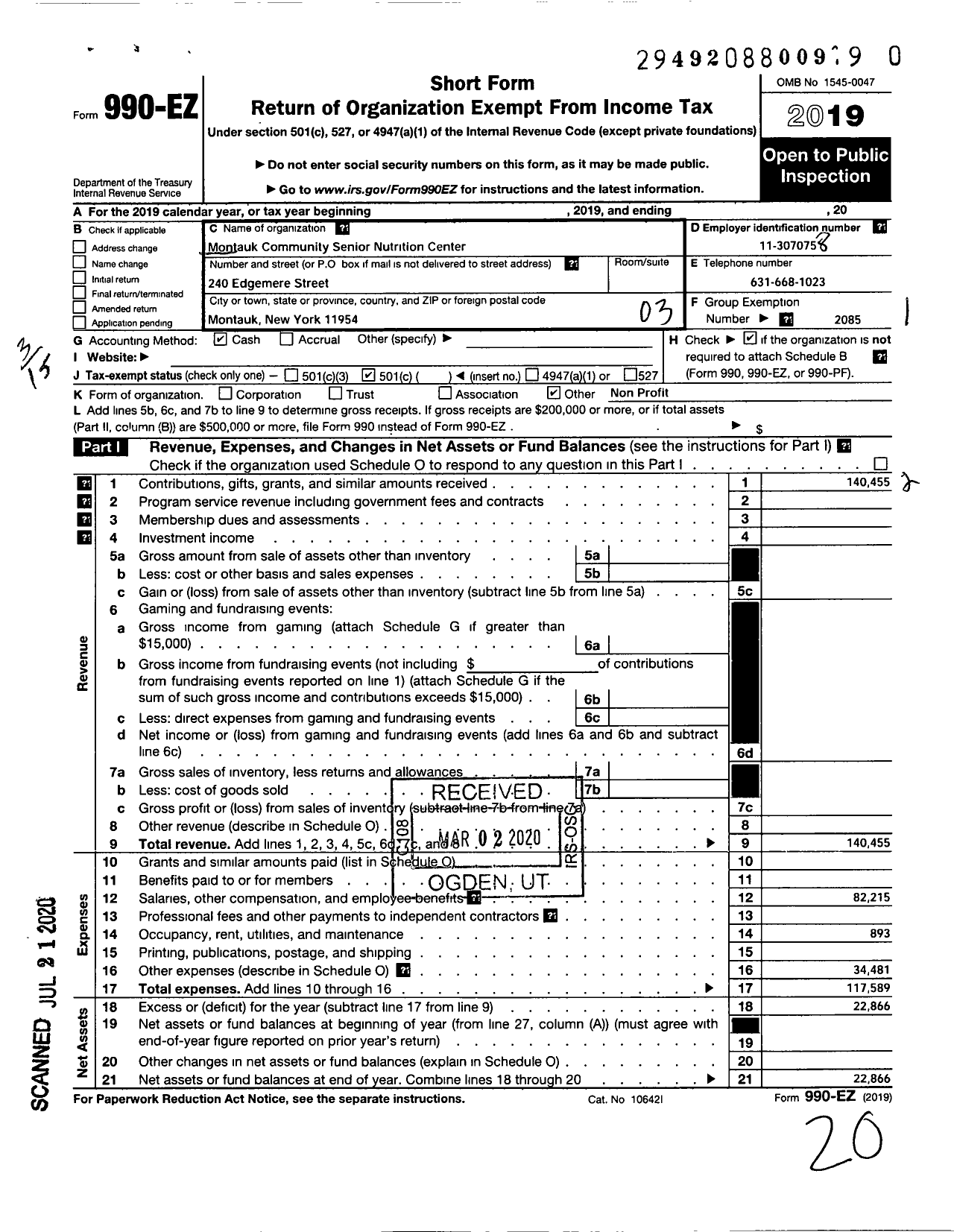 Image of first page of 2019 Form 990EZ for Montauk Community Senior Nutrition Center