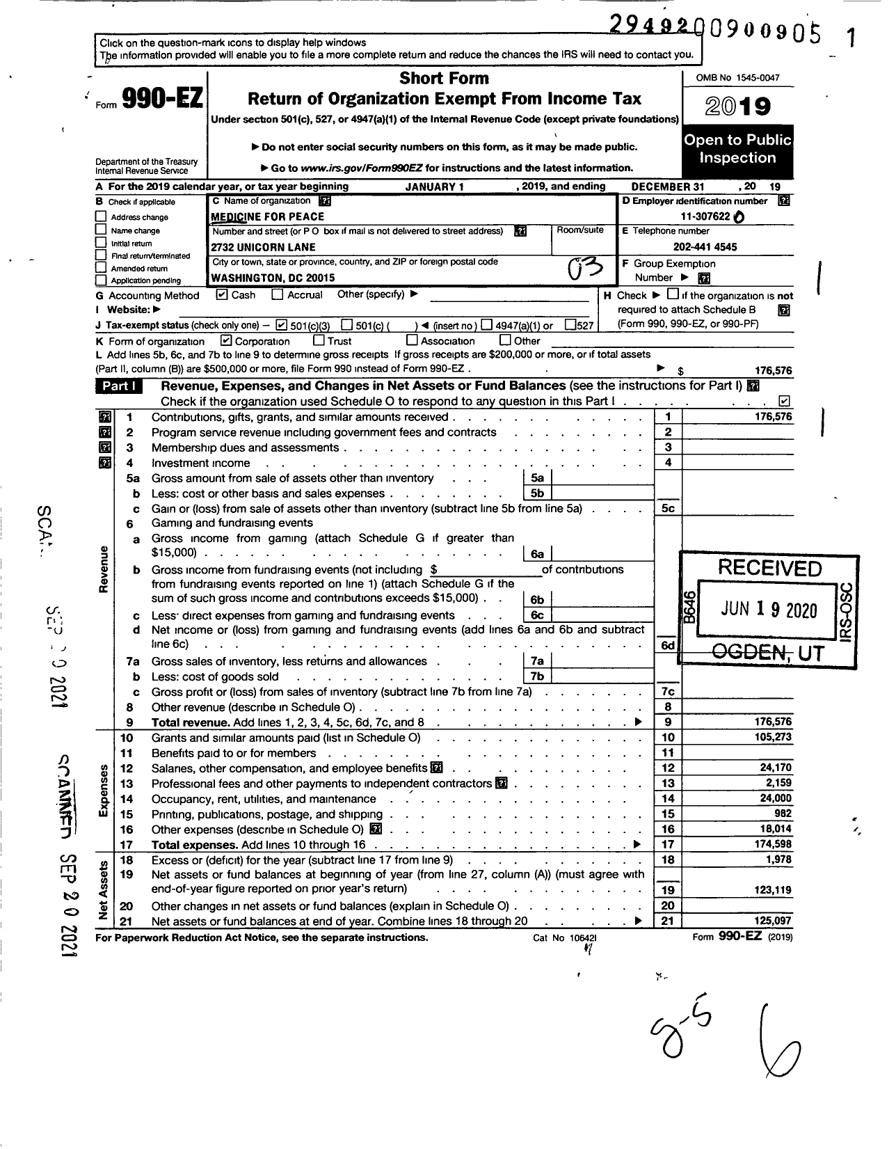 Image of first page of 2019 Form 990EZ for Medicine for Peace