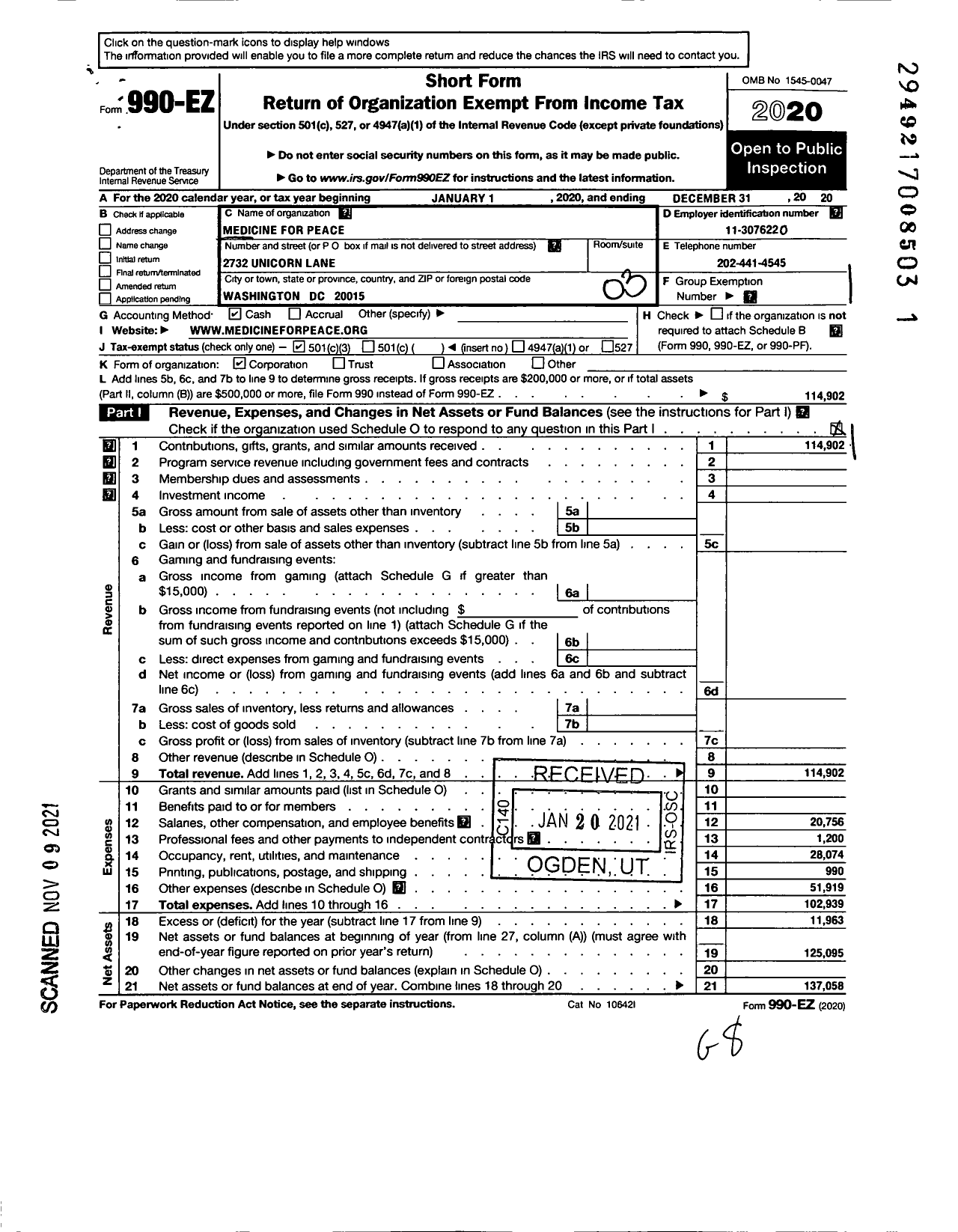 Image of first page of 2020 Form 990EZ for Medicine for Peace