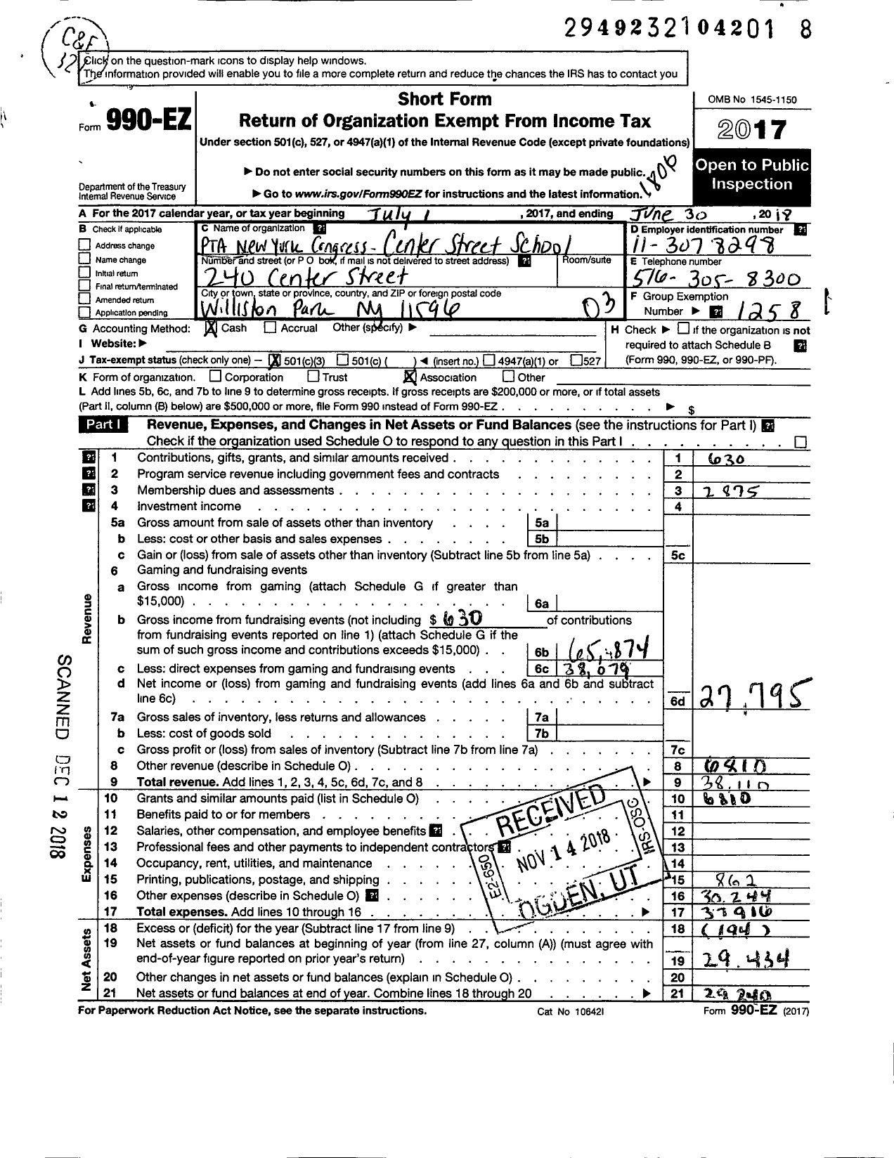 Image of first page of 2017 Form 990EZ for New York State PTA - 010-351 Center St Elem School PTA