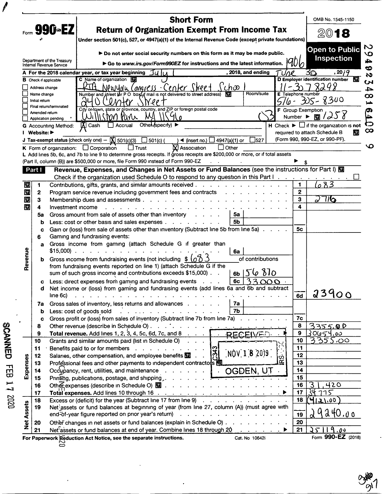 Image of first page of 2018 Form 990EZ for New York State PTA - 010-351 Center St Elem School PTA