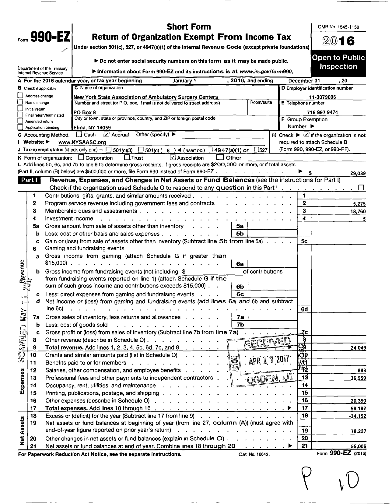 Image of first page of 2016 Form 990EO for New York State Association of Ambulatory Surgery Centers