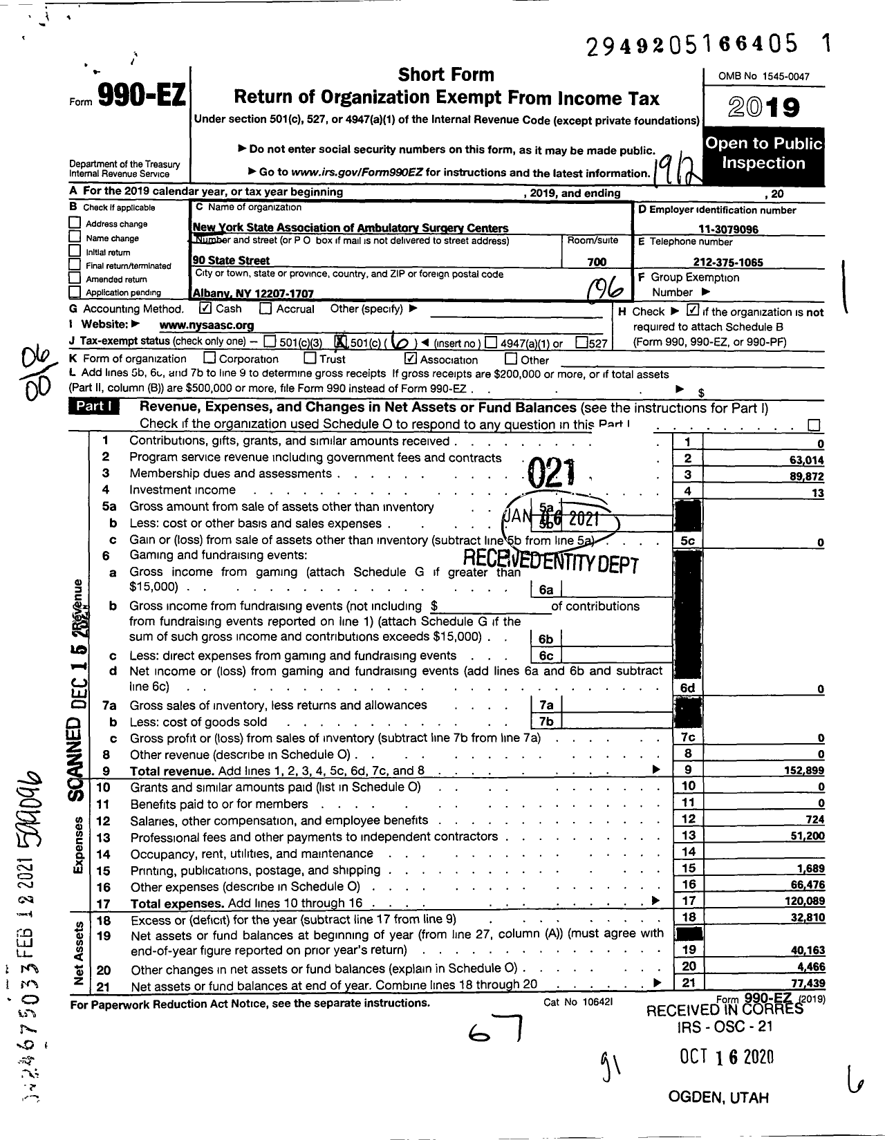 Image of first page of 2019 Form 990EO for New York State Association of Ambulatory Surgery Centers