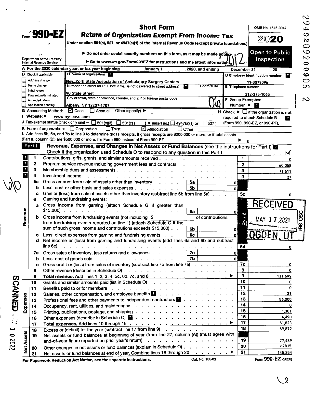 Image of first page of 2020 Form 990EO for New York State Association of Ambulatory Surgery Centers