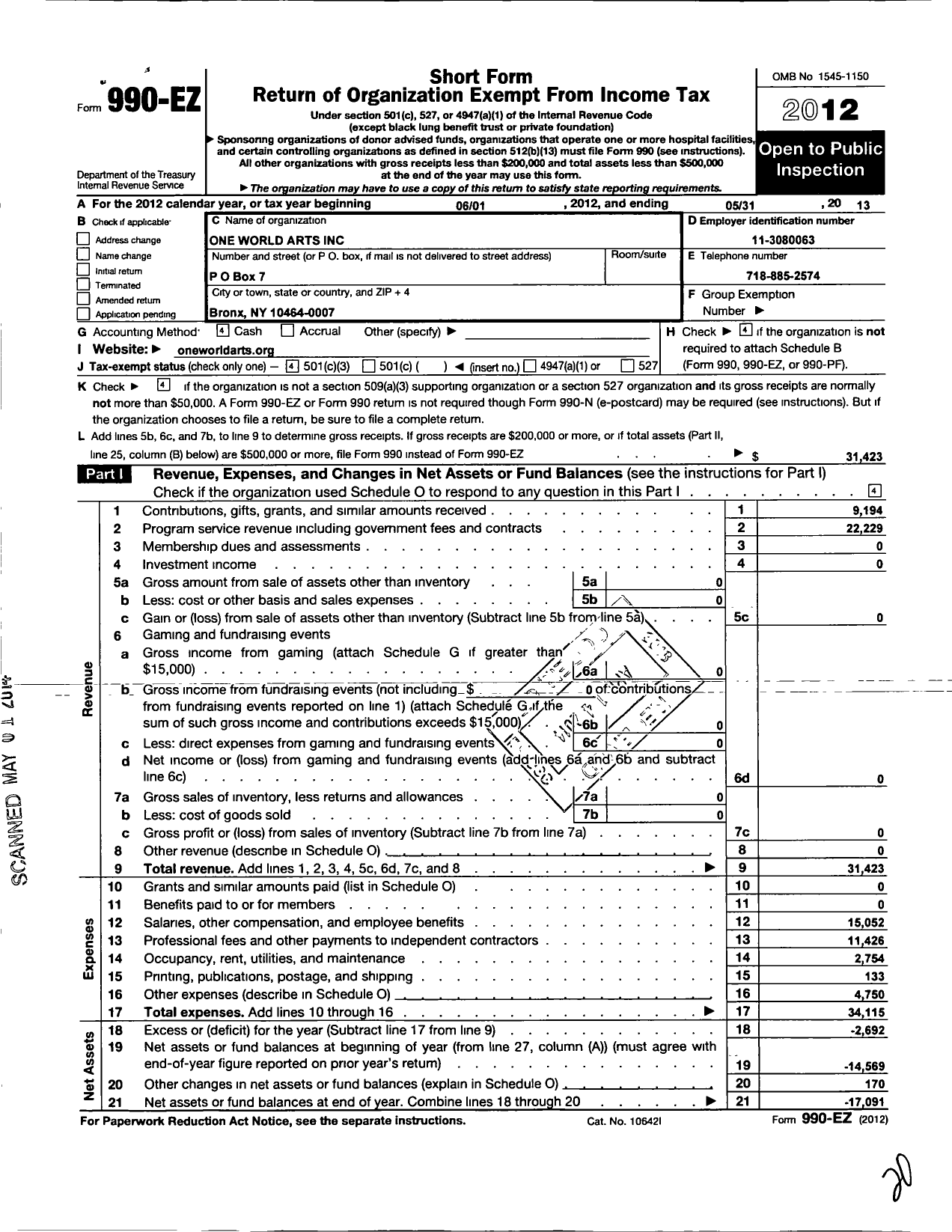 Image of first page of 2012 Form 990EZ for One World Arts Incorporated