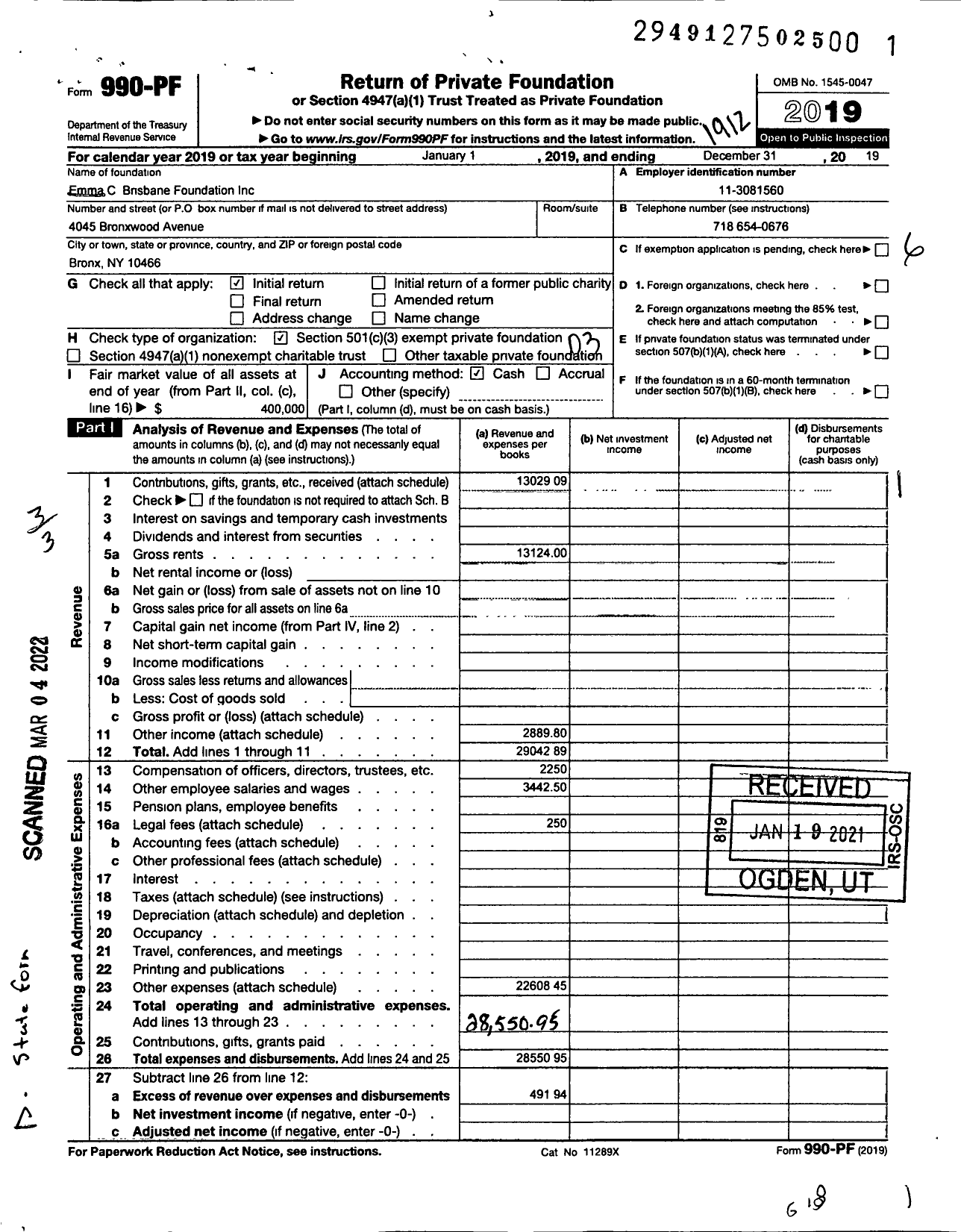 Image of first page of 2019 Form 990PF for Emma C Brisbane Foundation