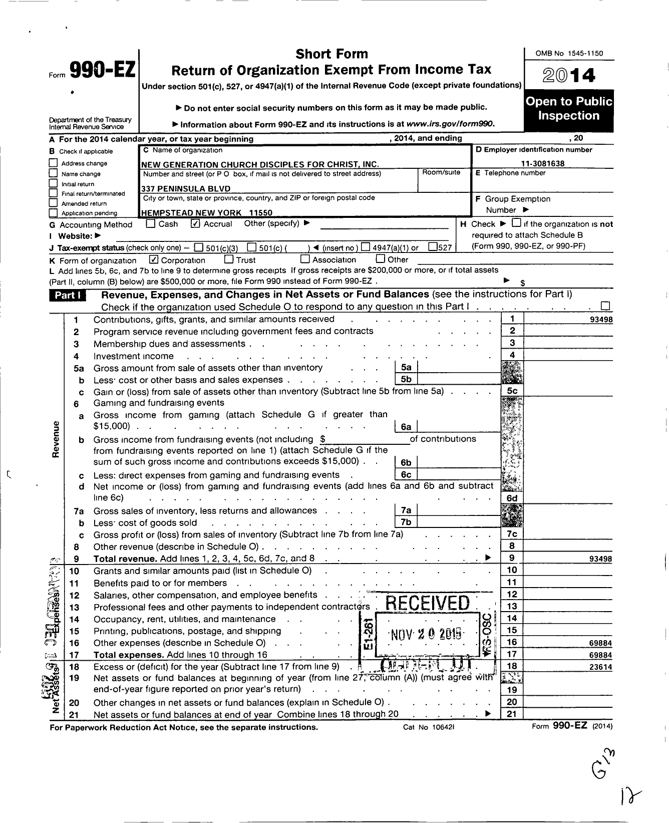 Image of first page of 2014 Form 990EO for New Generation Church of Christ Disciples of Christ