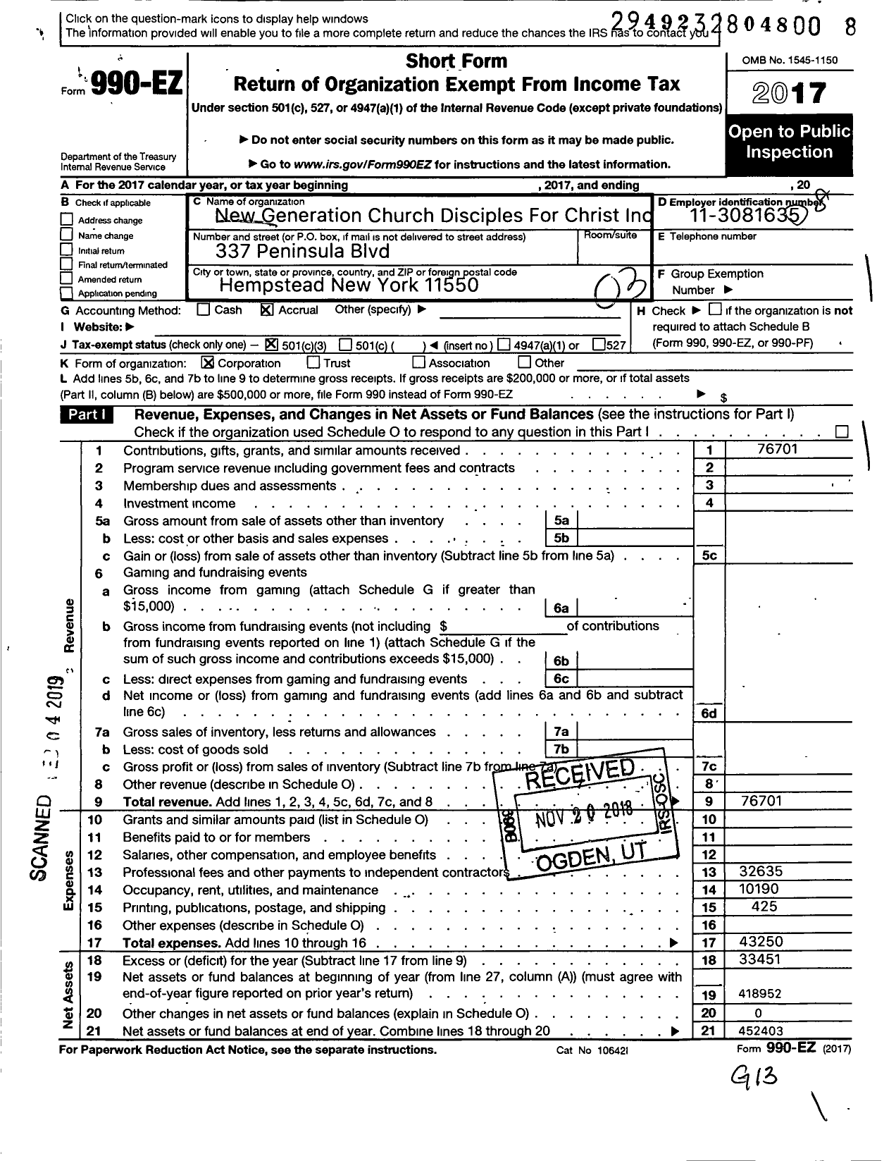 Image of first page of 2017 Form 990EZ for New Generation Church of Christ Disciples of Christ