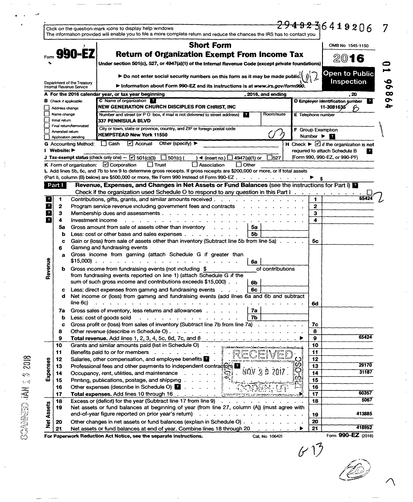 Image of first page of 2016 Form 990EZ for New Generation Church of Christ Disciples of Christ