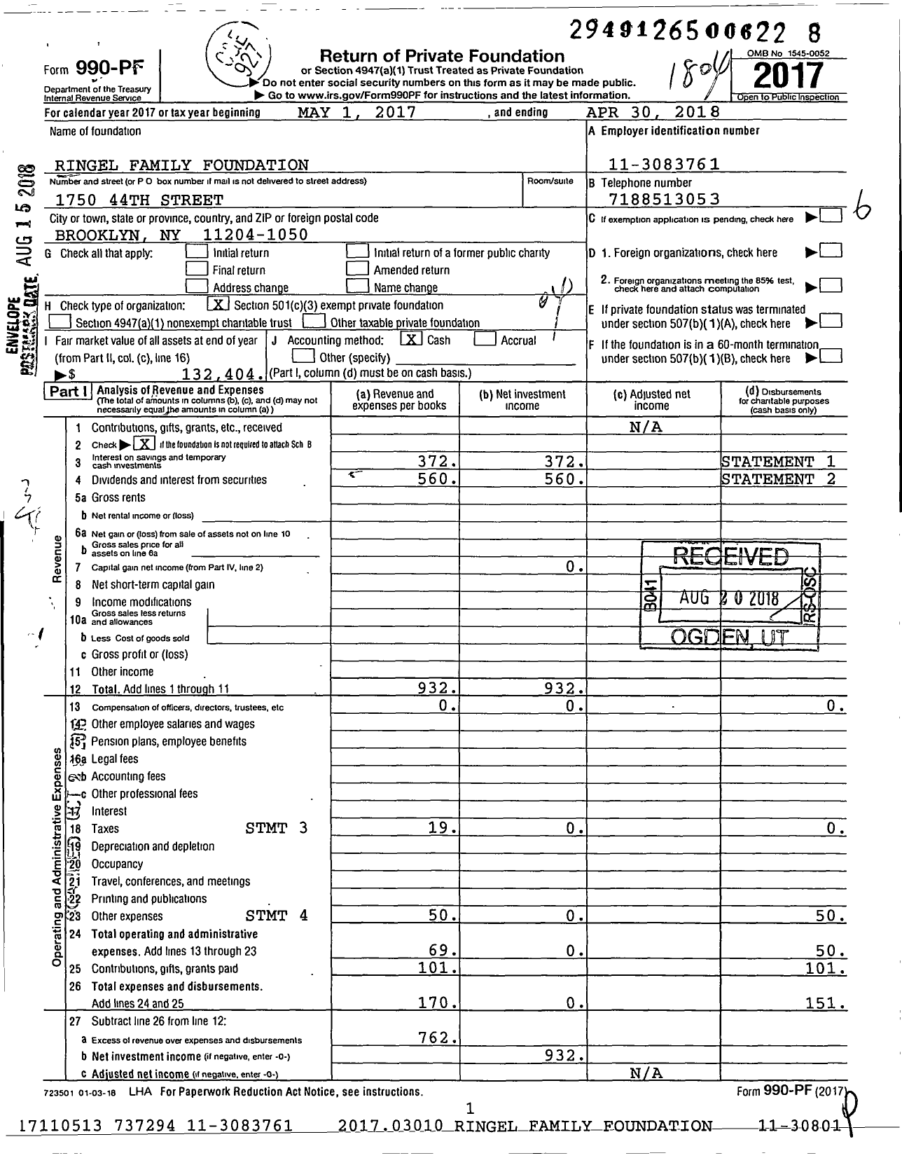 Image of first page of 2017 Form 990PF for Ringel Family Foundation