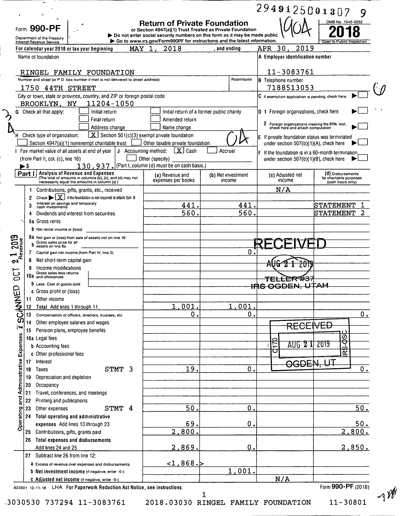 Image of first page of 2018 Form 990PF for Ringel Family Foundation