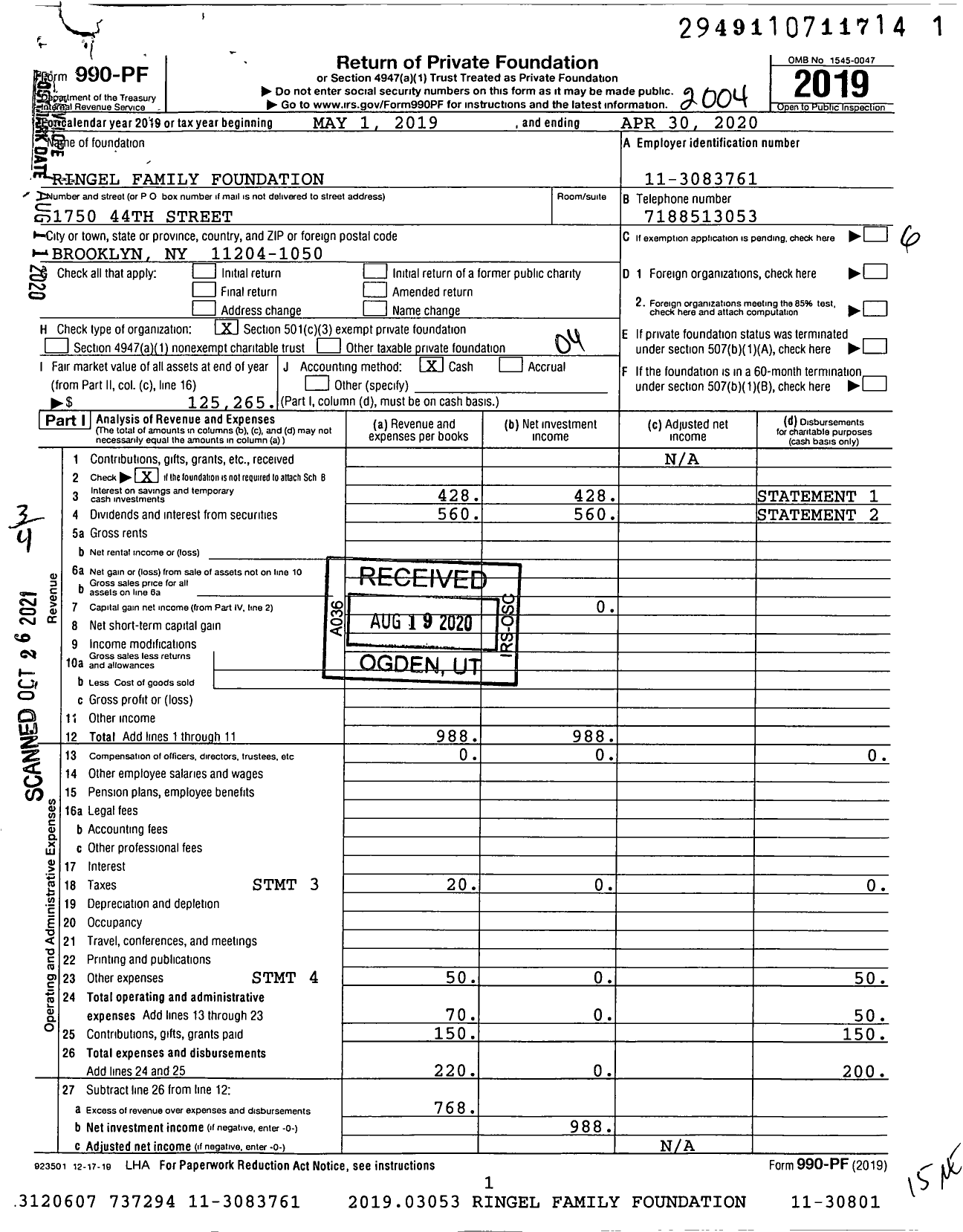 Image of first page of 2019 Form 990PF for Ringel Family Foundation