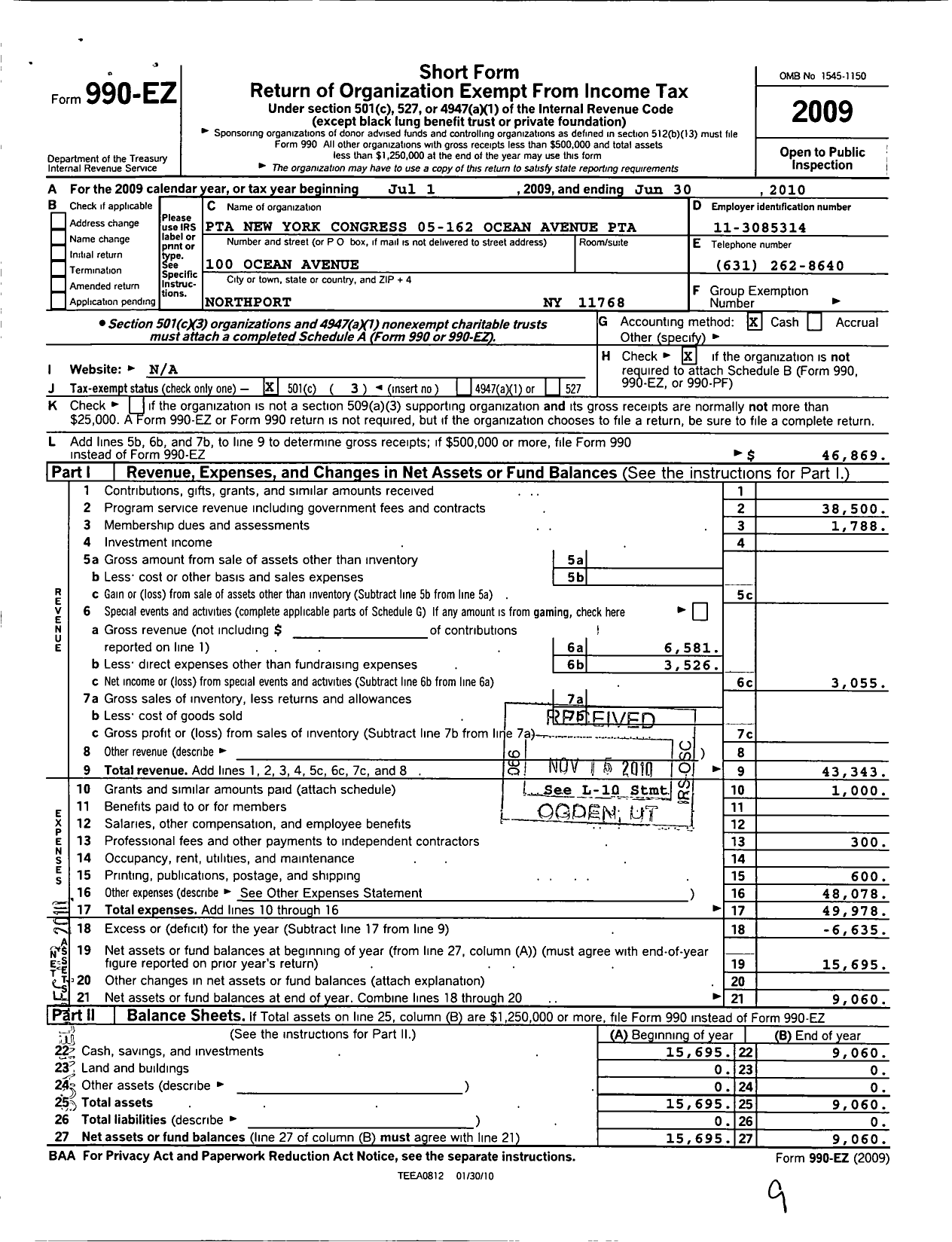 Image of first page of 2009 Form 990EZ for New York State PTA - 005-162 Ocean Avenue PTA