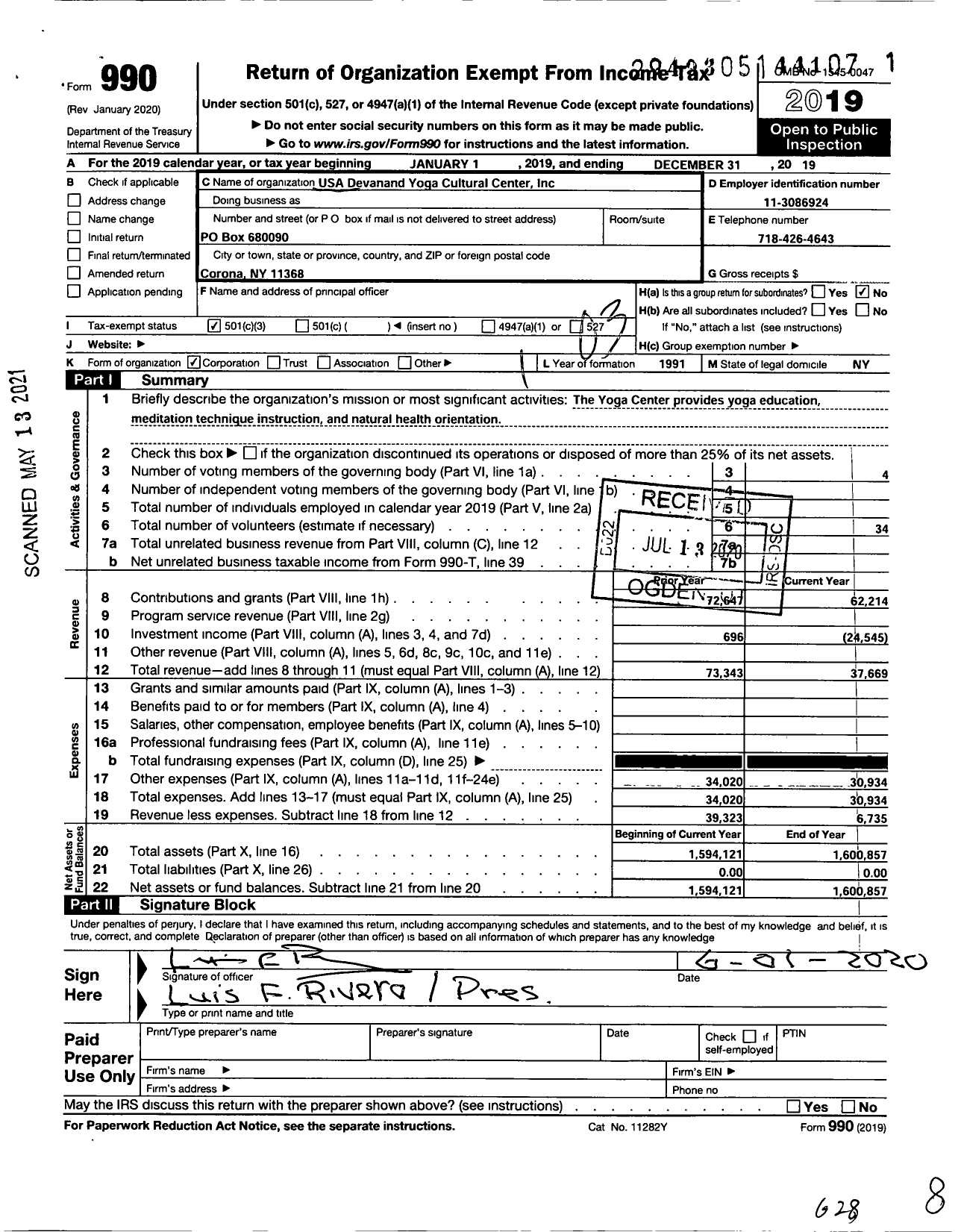 Image of first page of 2019 Form 990 for USA Devanad Yoga Cultural Center