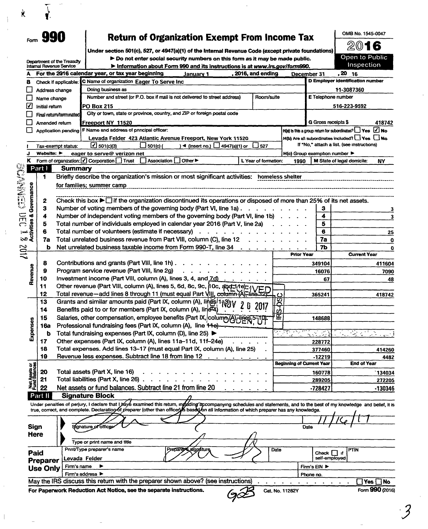 Image of first page of 2016 Form 990 for Eager To Serve