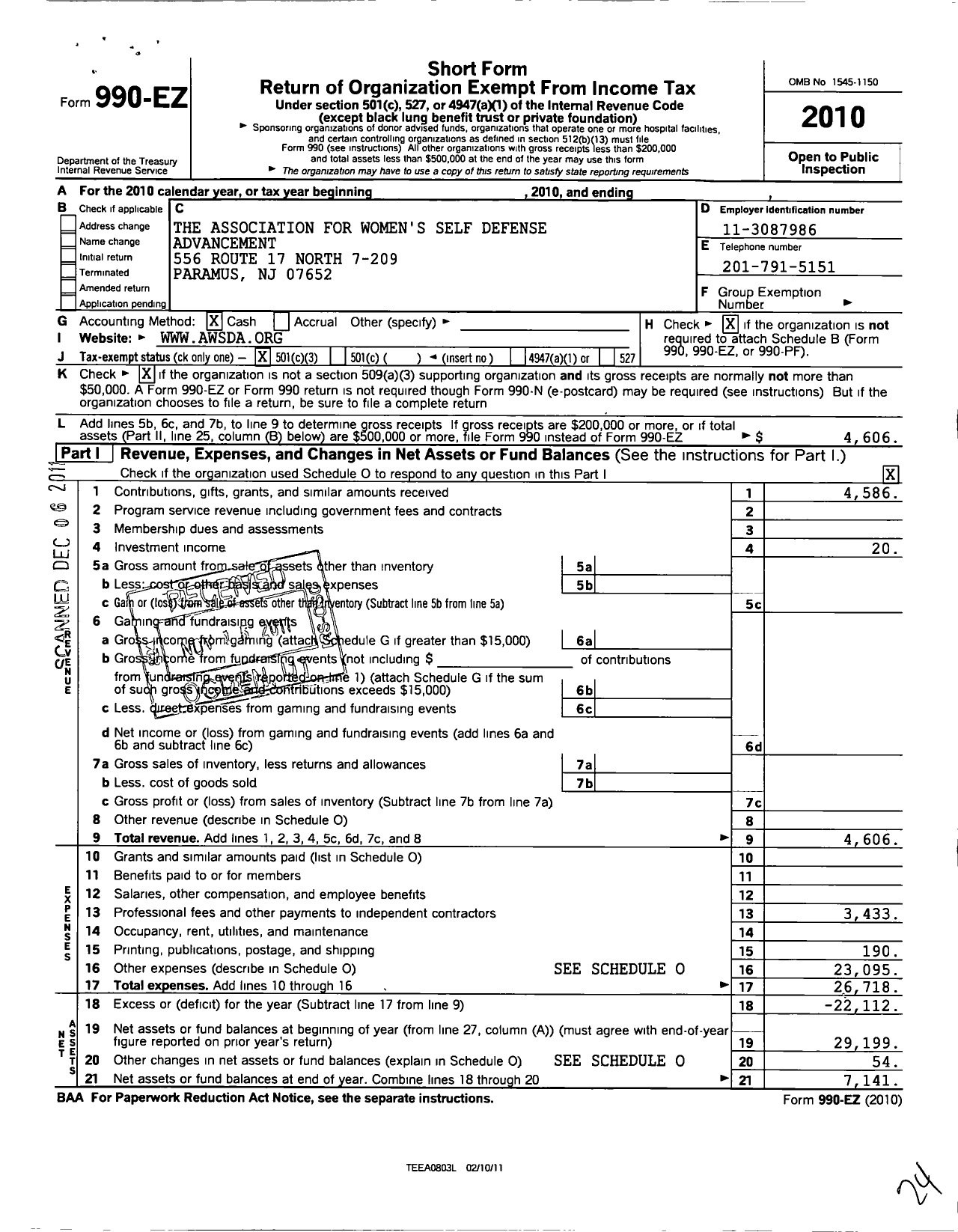 Image of first page of 2010 Form 990EZ for American Womens Self Defense Association (AWSDA)