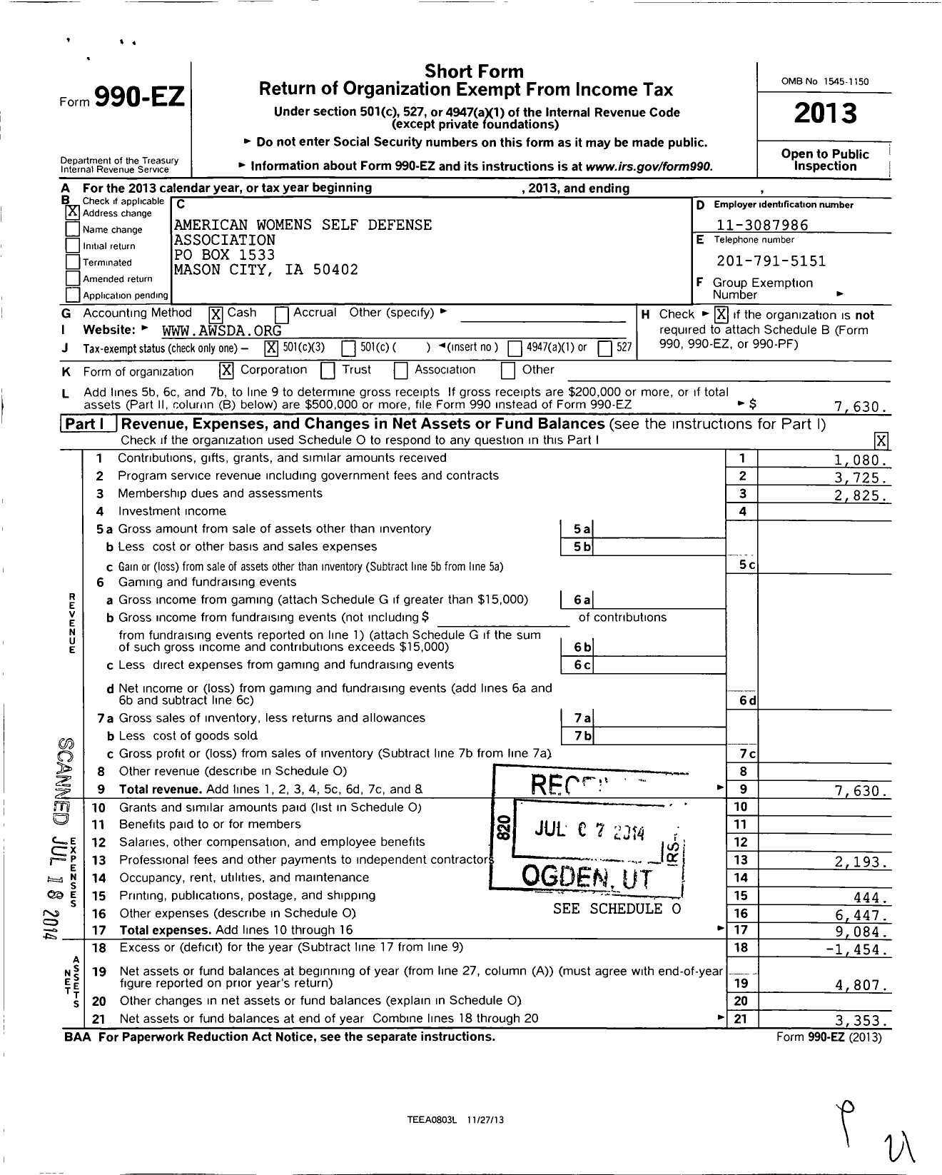 Image of first page of 2013 Form 990EZ for American Womens Self Defense Association (AWSDA)