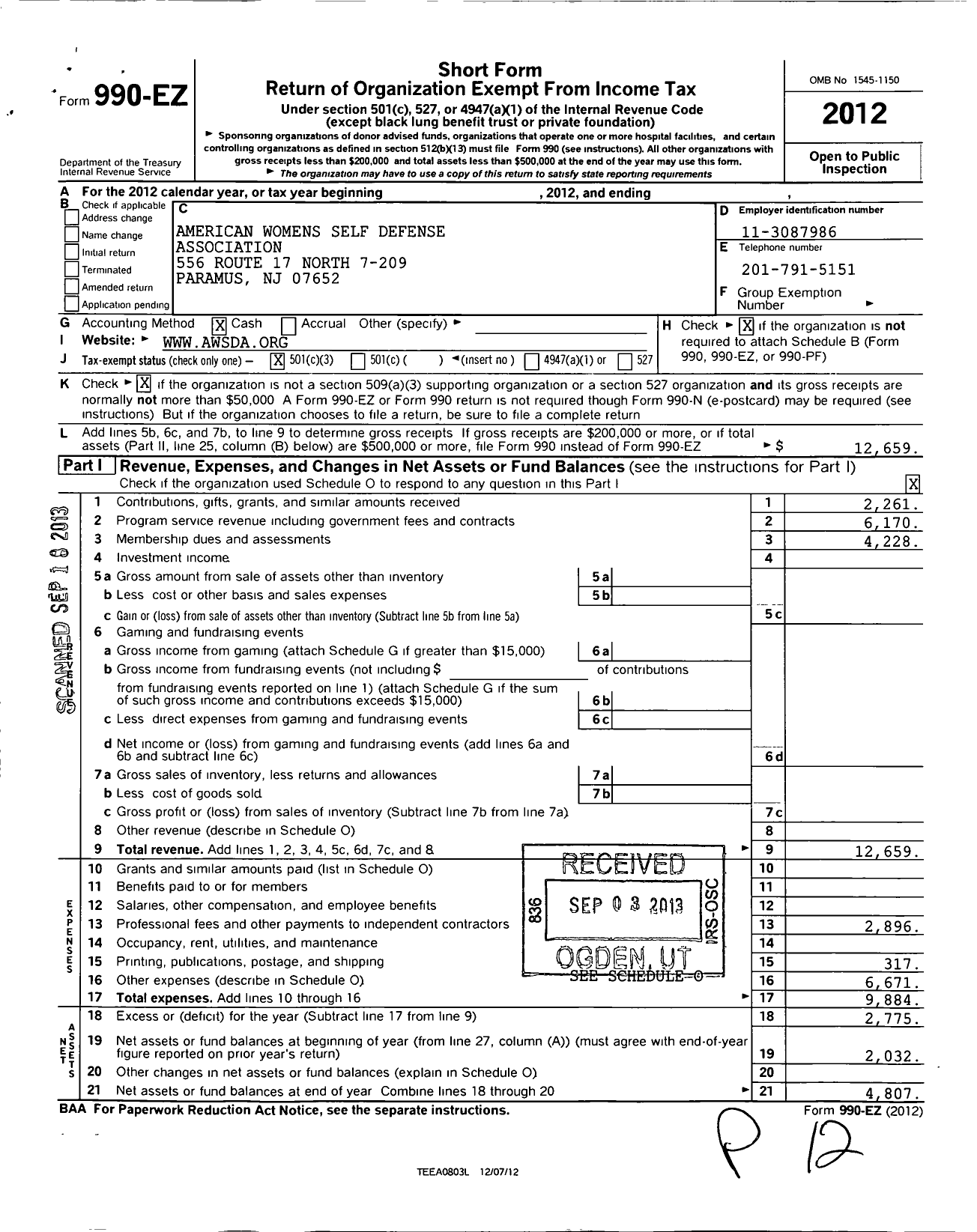 Image of first page of 2012 Form 990EZ for American Womens Self Defense Association (AWSDA)