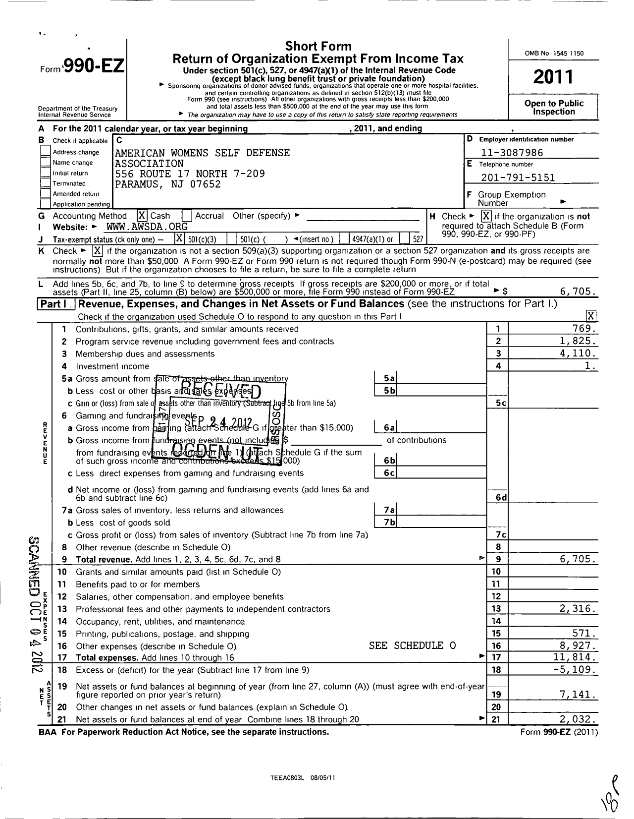 Image of first page of 2011 Form 990EZ for American Womens Self Defense Association (AWSDA)