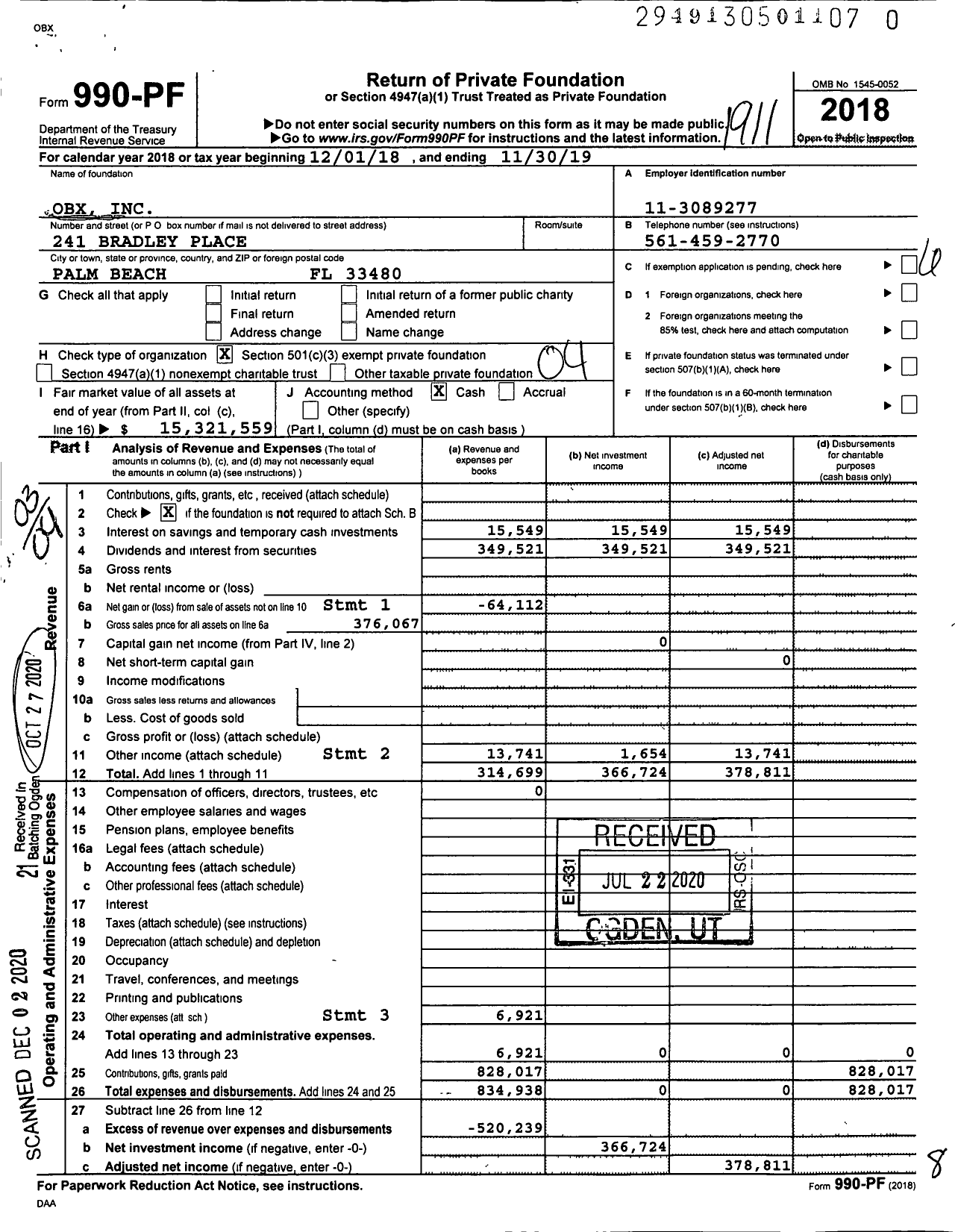 Image of first page of 2018 Form 990PF for Obx