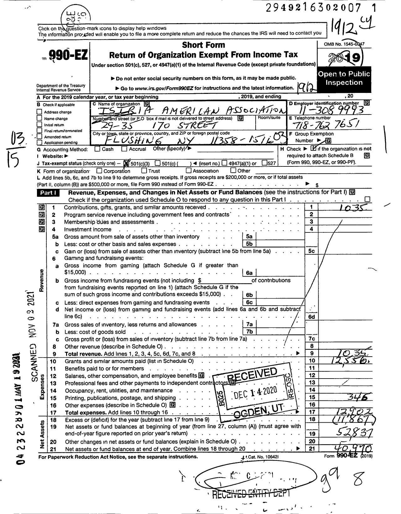 Image of first page of 2019 Form 990EZ for Istrian American Association