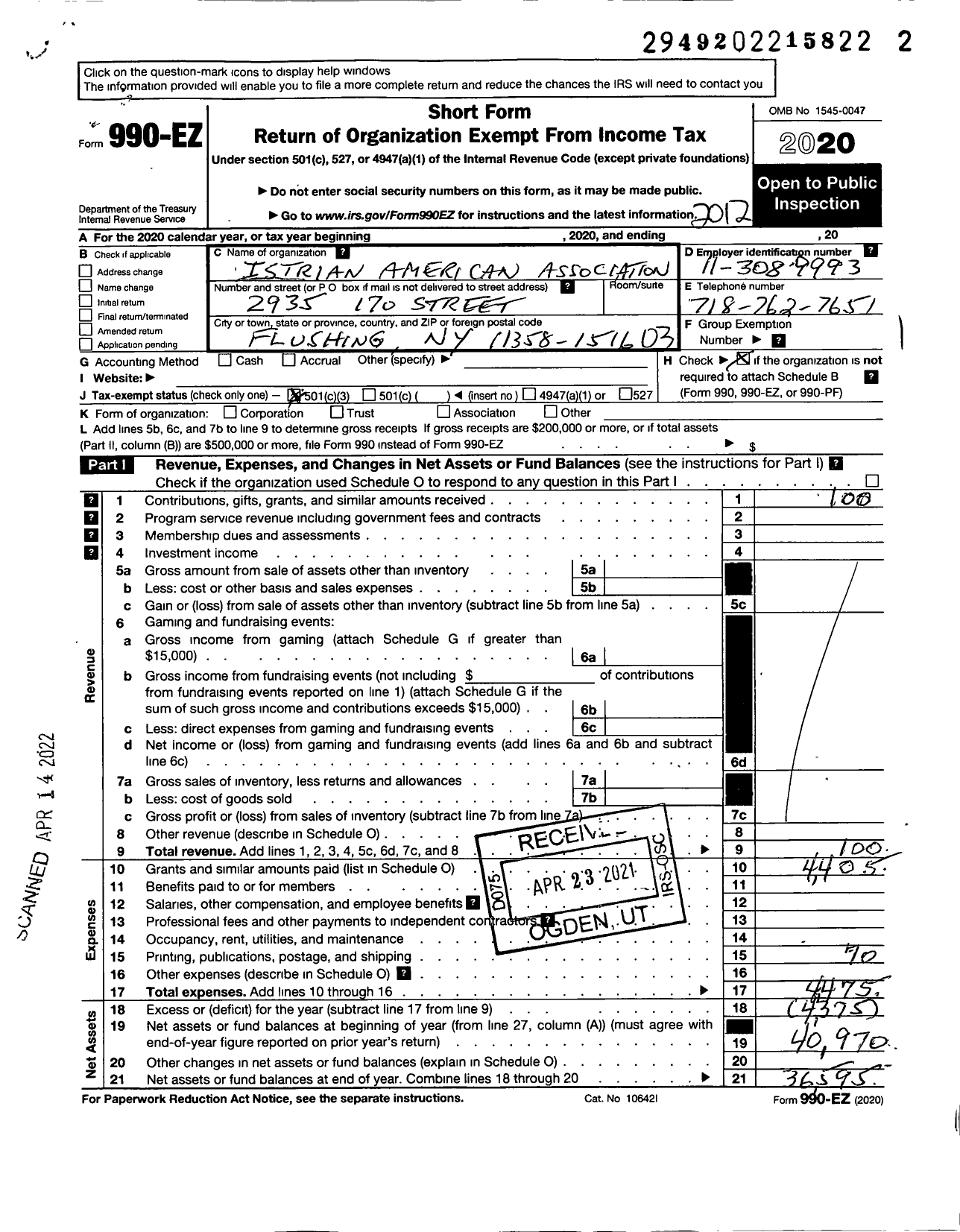 Image of first page of 2020 Form 990EZ for Istrian American Association