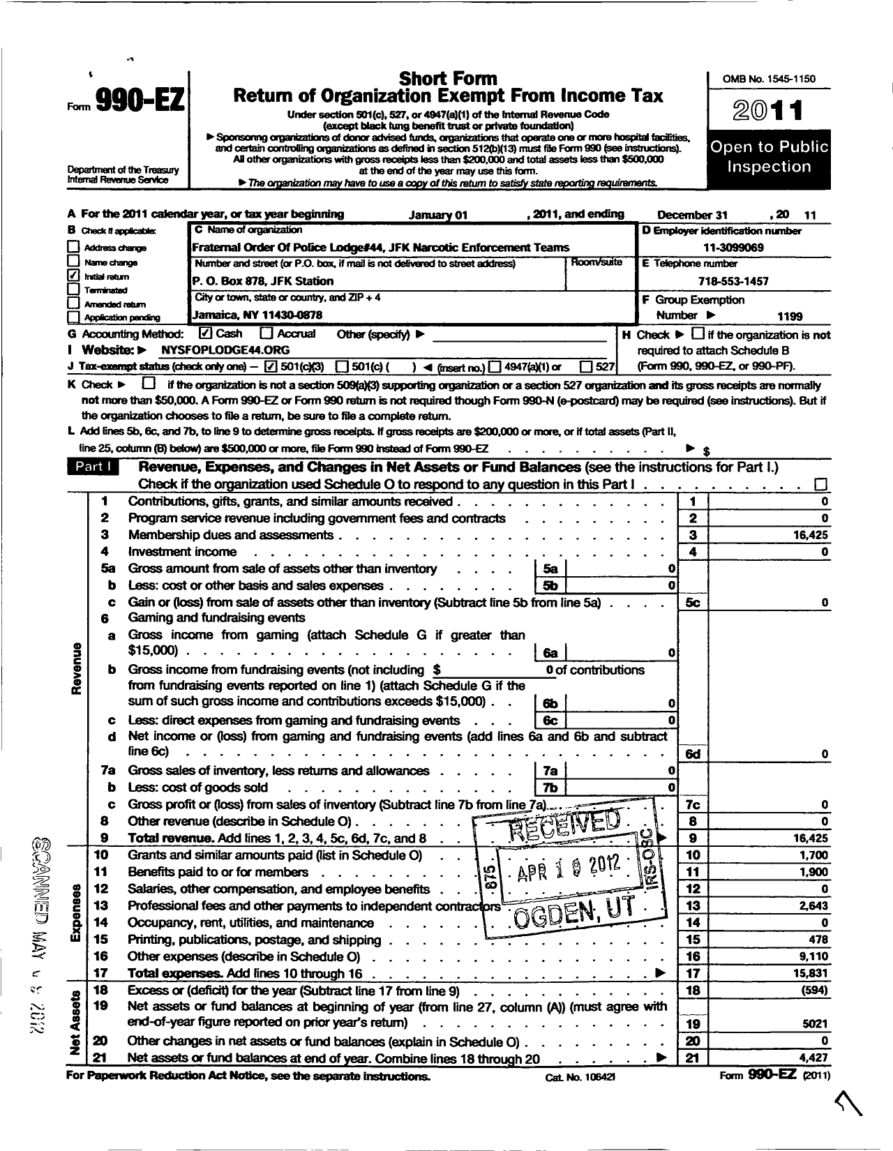 Image of first page of 2011 Form 990EZ for Fraternal Order of Police - 44 JFK Narcotics Enf Team Lodge