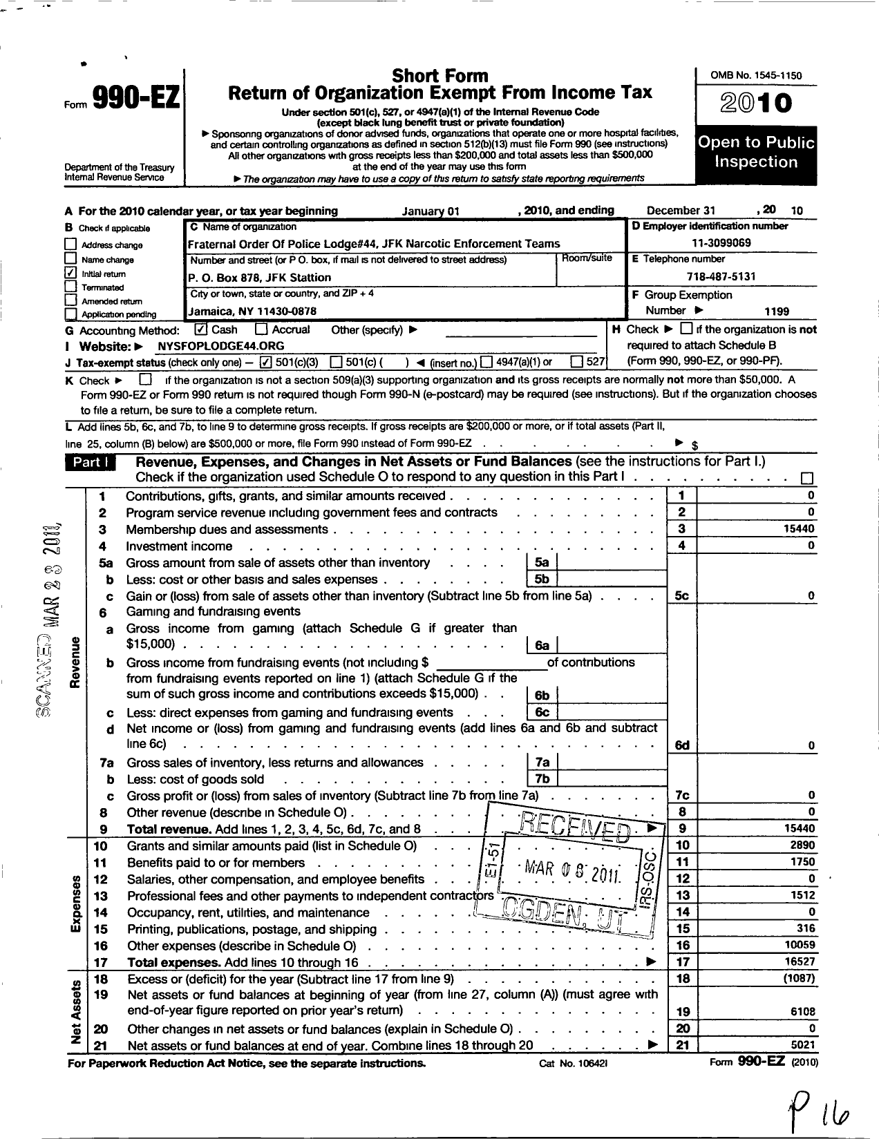 Image of first page of 2010 Form 990EZ for Fraternal Order of Police - 44 JFK Narcotics Enf Team Lodge