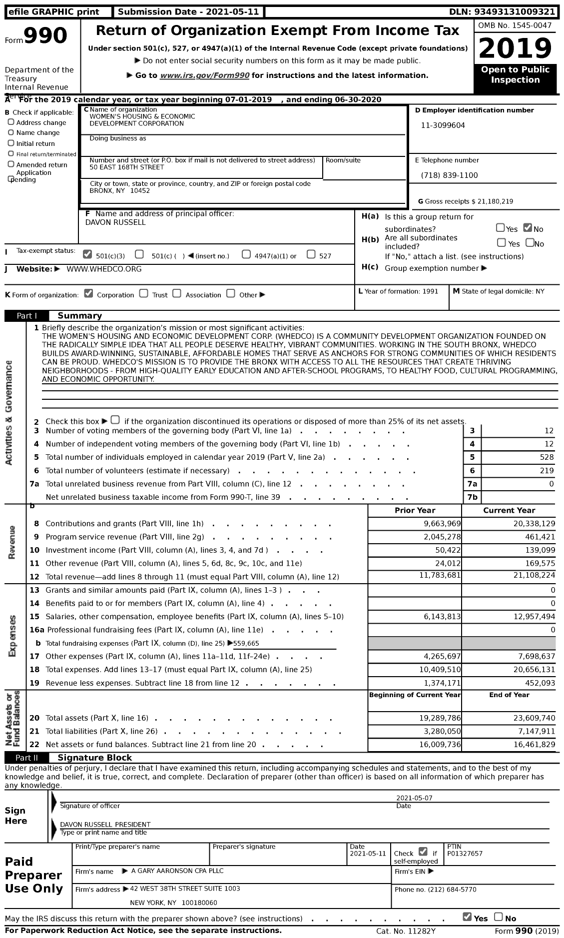 Image of first page of 2019 Form 990 for Womens Housing and Economic Development Corporation (WHEDco)