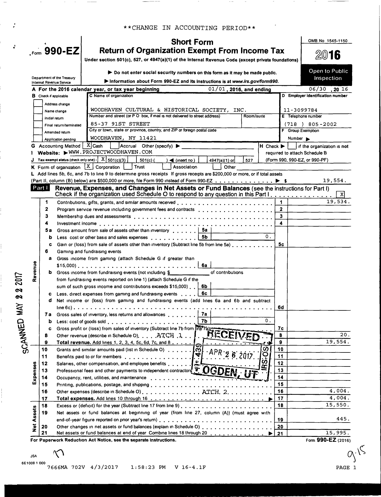 Image of first page of 2016 Form 990EZ for Woodhaven Cultural and Historical Society