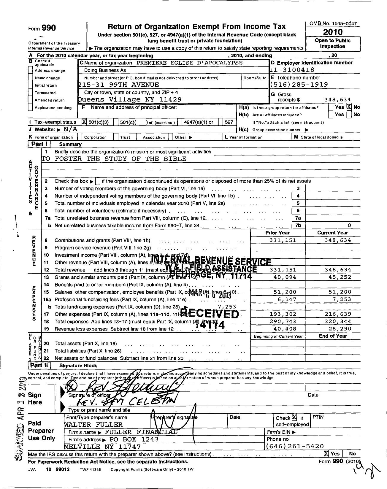 Image of first page of 2010 Form 990 for Premiere Eglise D'apocalypse