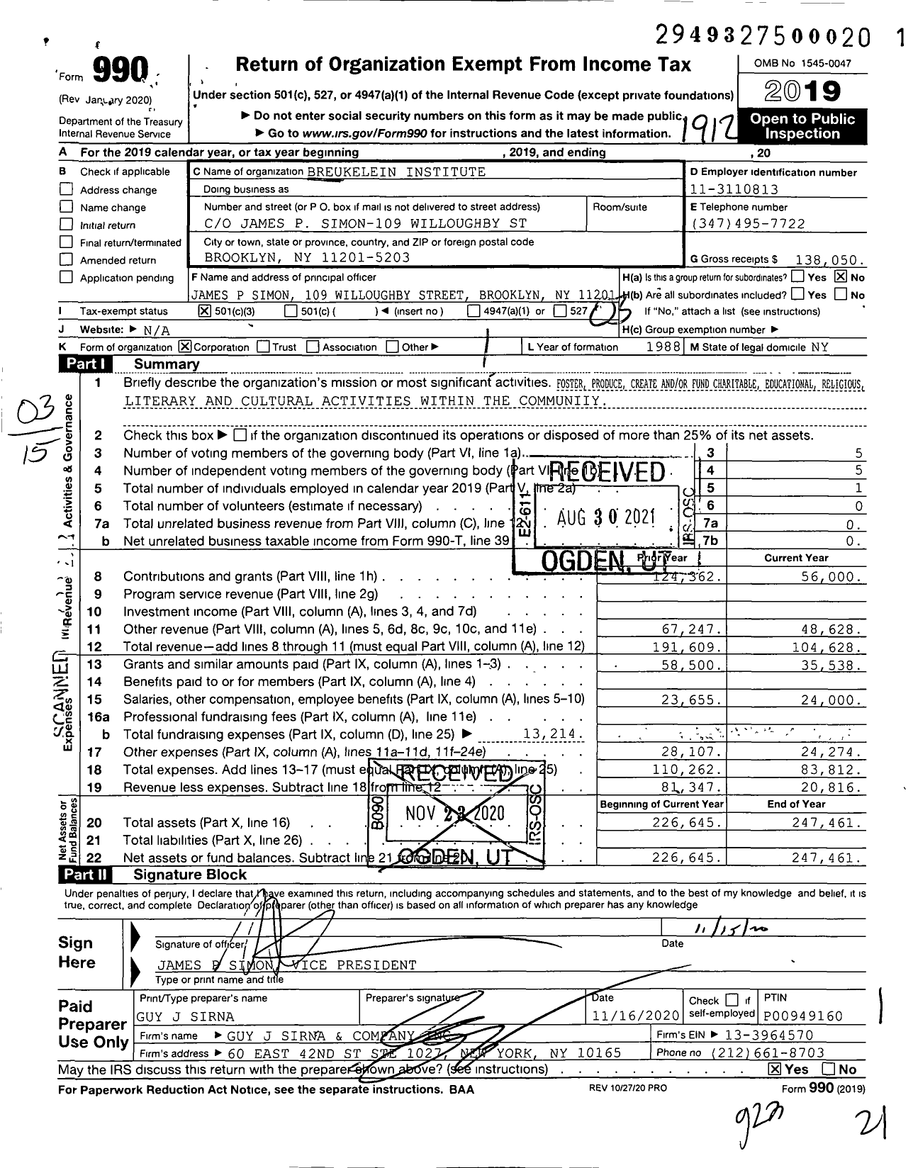 Image of first page of 2019 Form 990 for Breukelein Institute