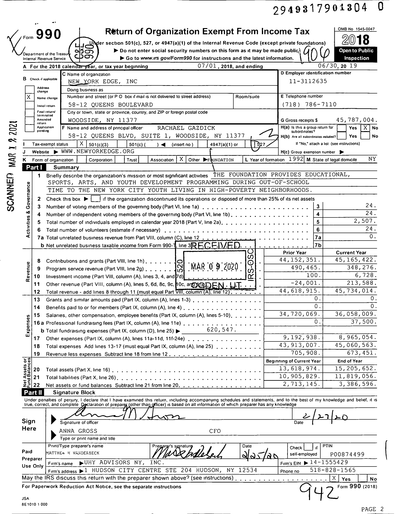 Image of first page of 2018 Form 990 for New York Edge (SASF)