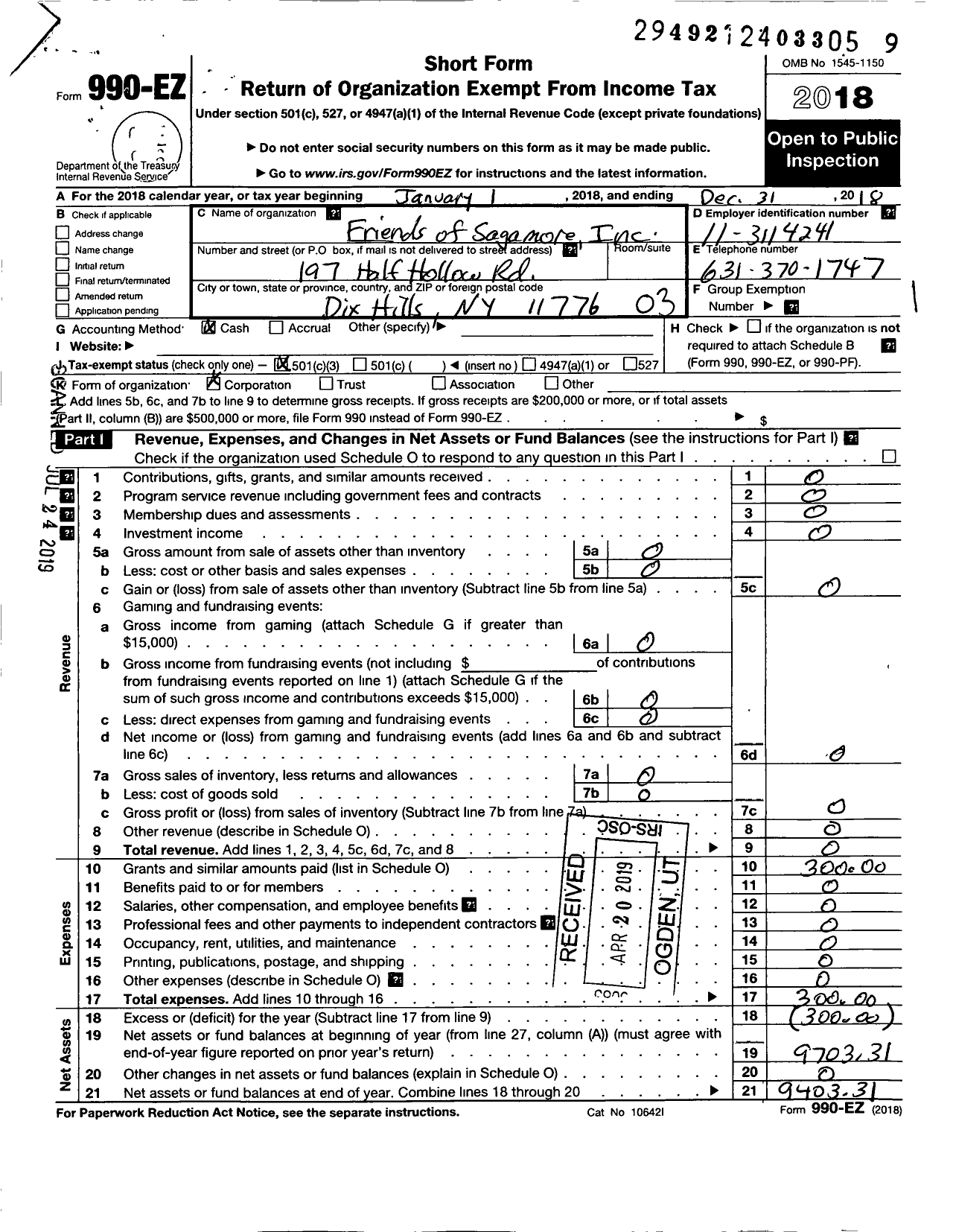 Image of first page of 2018 Form 990EZ for Friends of Sagamore