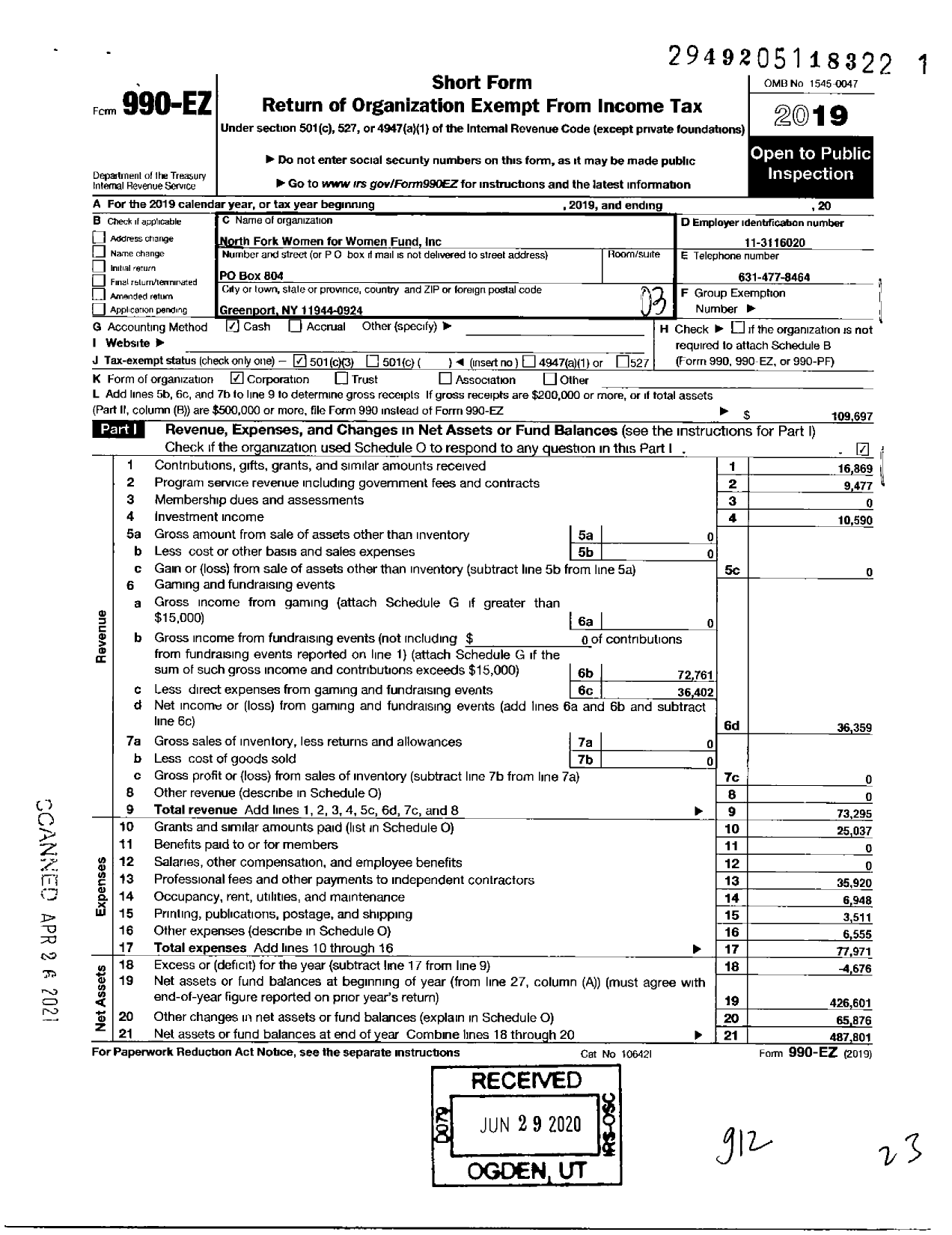 Image of first page of 2019 Form 990EZ for North Fork Women for Women Fund