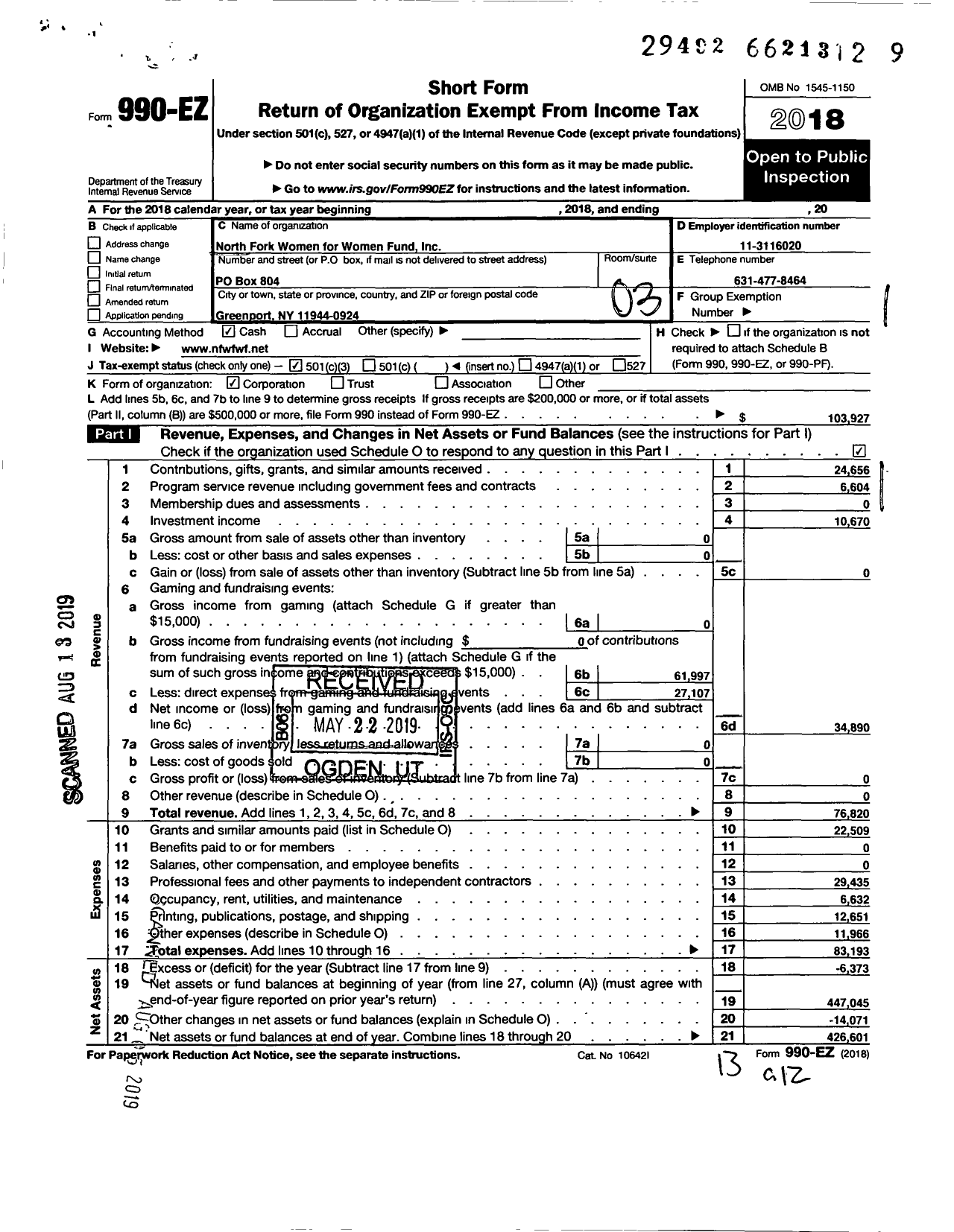 Image of first page of 2018 Form 990EZ for North Fork Women for Women Fund