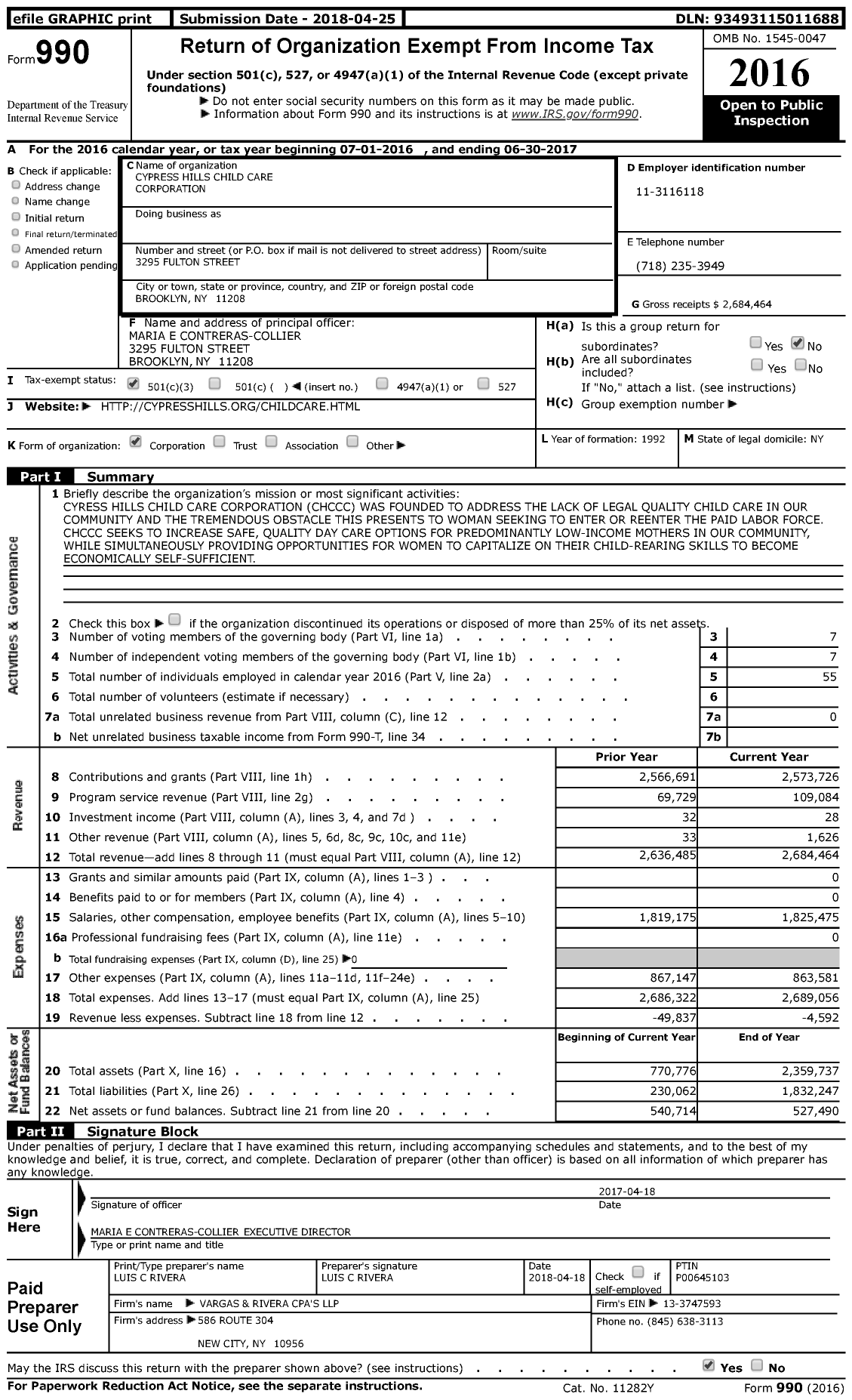 Image of first page of 2016 Form 990 for Cypress Hills Child Care Corporation