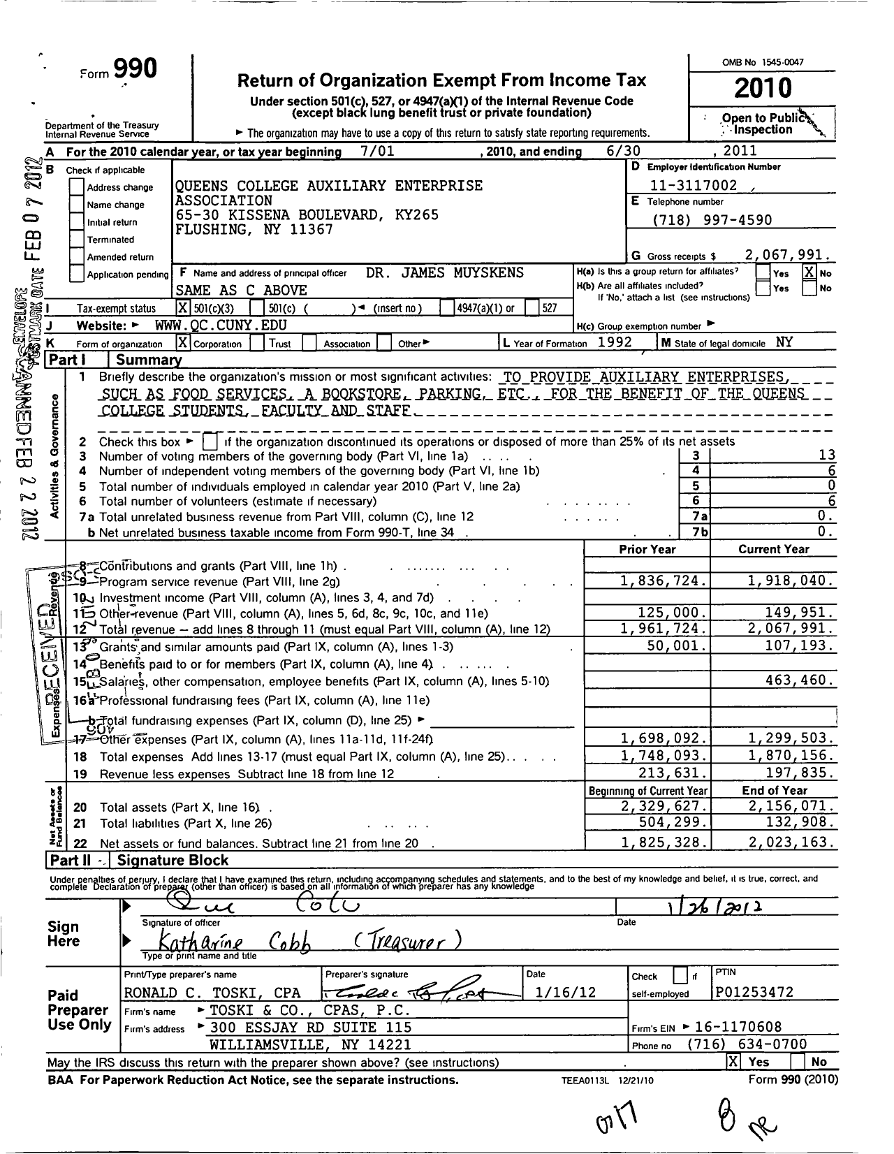 Image of first page of 2010 Form 990 for Queens College Auxiliary Enterprise Association